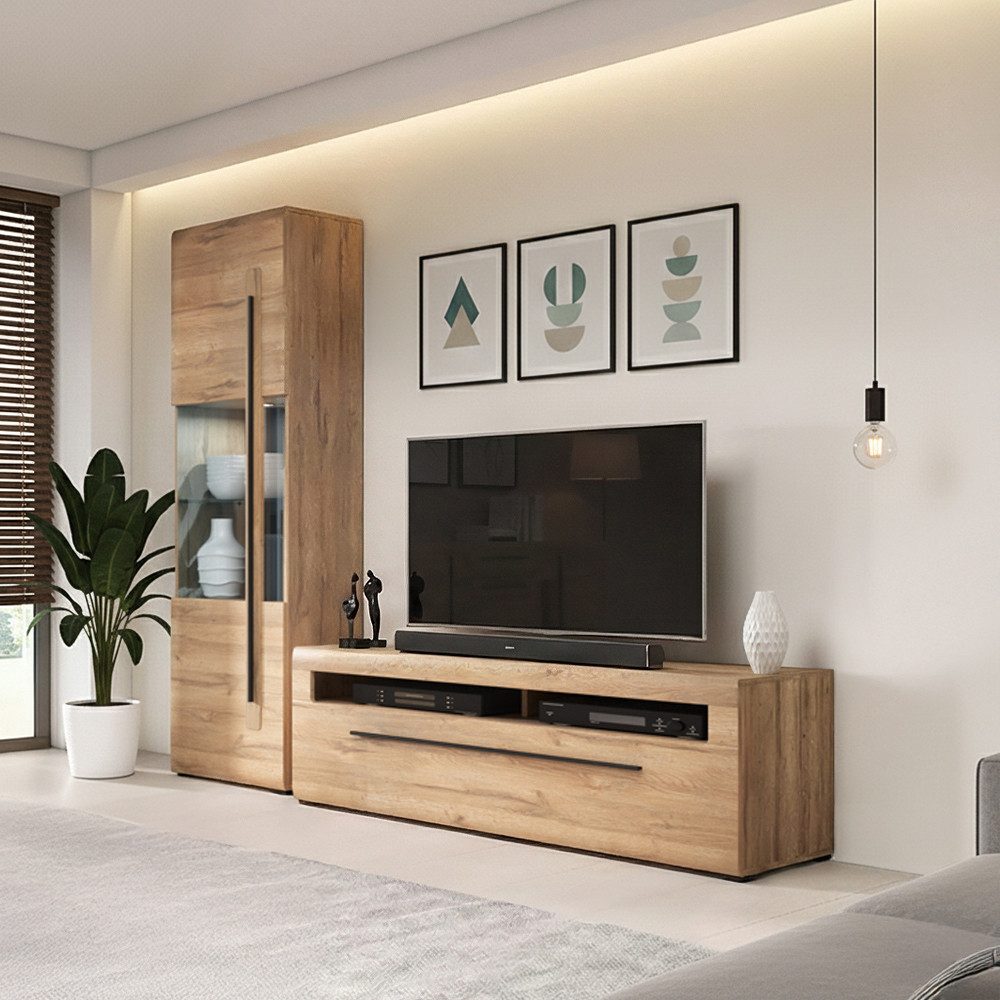 Lomadox Wohnwand TURDA-83, (2-St., Couchtisch Lowboard Vitrine), Eiche Dekor Metallgriffe inkl. LED Beleuchtung modern nachhaltig