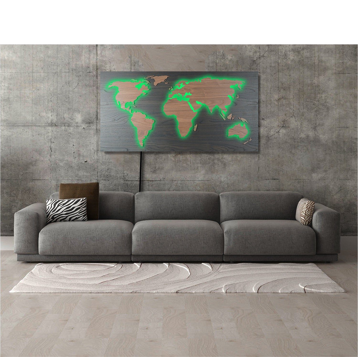 ZENLED Wanddekoobjekt Weltkarte MAPPA LUX HOLZ-Optik 110x57cm - Rustikale Deko 3D-Lichtbild, Kontinente umleuchtet mit bunt steuerbaren RGB LEDs über Fernbedienung Rückplatte Walnuss Schwarz, Länder Walnuss Braun