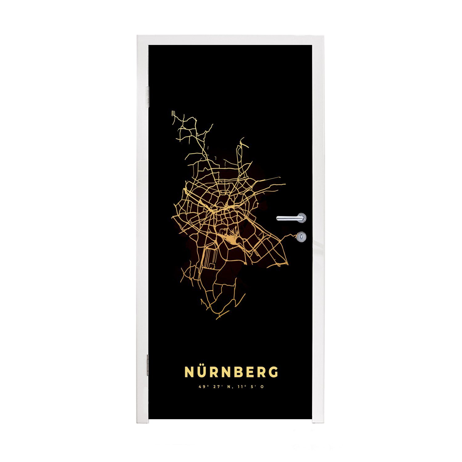 MuchoWow Türtapete Karte - Gold - Nürnberg - Karte - Stadtplan, Matt, bedruckt, (1 St), Fototapete für Tür, Türaufkleber, 75x205 cm