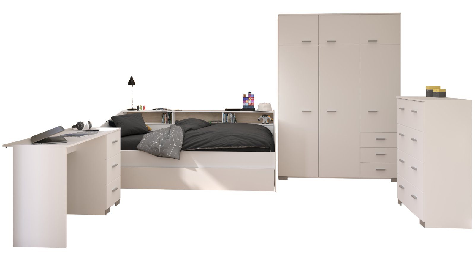 Parisot Jugendzimmer-Set Sleep, (Kinderzimmer Komplett-Set in weiß, 4-teilig), mit extra viel Stauraum