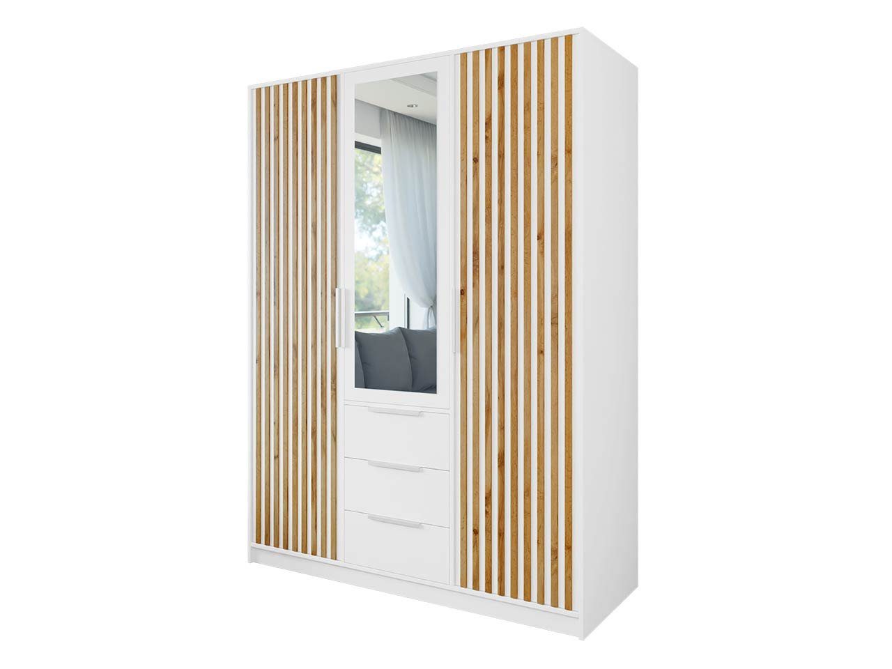 Mirjan24 Kleiderschrank Bali Lux 3D 3 Frontspiegel, und + Weiß Schubladen) (mit 3 Kleiderstange, Weiß Drehtüren Wotan Eiche Aluminumgriffe 