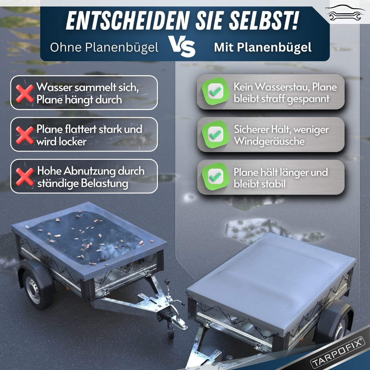 Tarpofix® Schutzplane Tarpofix Anhängerplane 217x117 cm – wasserdicht & UV-beständig, Anhängerplane Grau + 2 Planenbügel