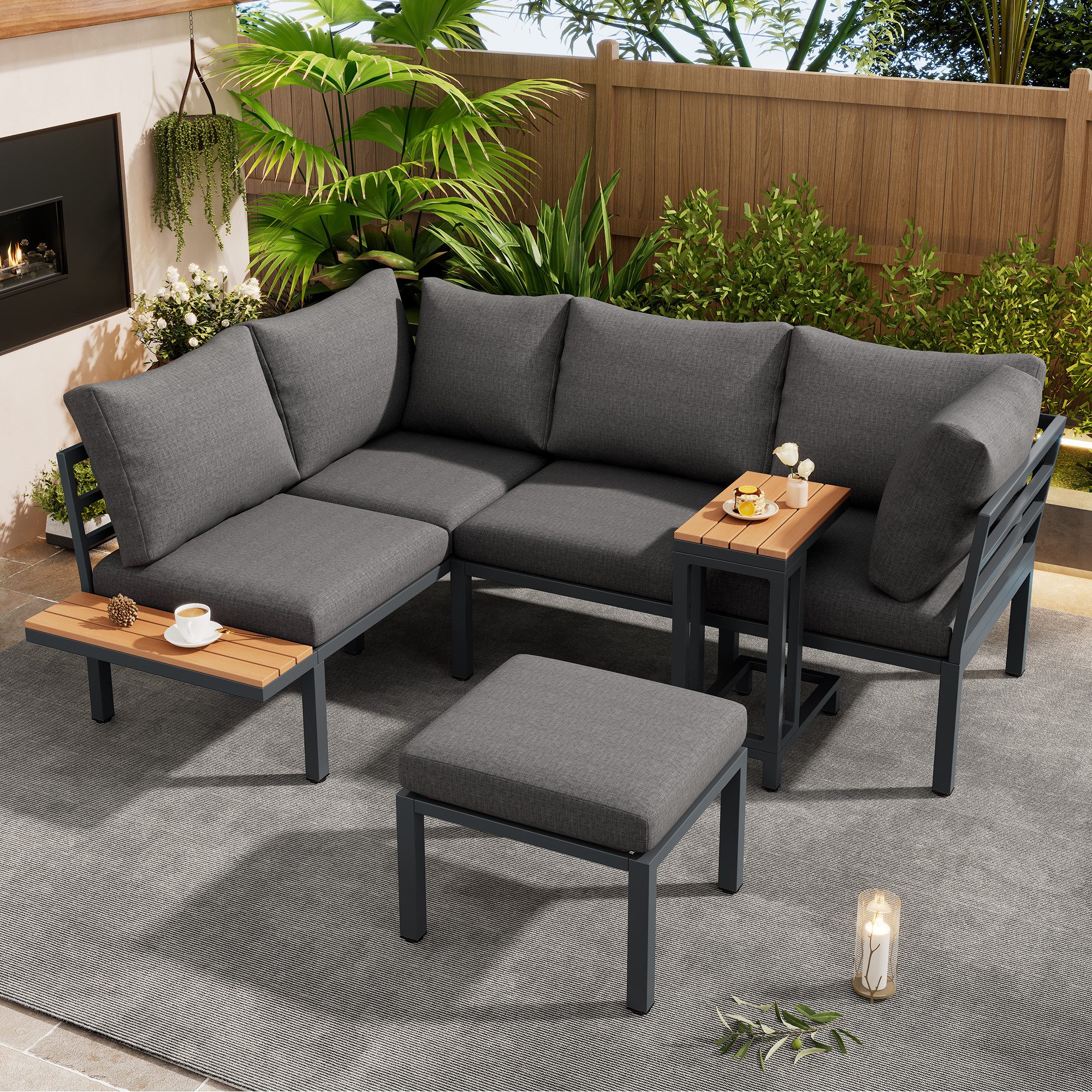 BBWL Gartenlounge-Set mit Sofa, Couchtisch und Beistelltisch, verzinkter Stahlrahmen, Gartenmöbel Set 3-tlg, flexibel für Balkon Garten grau + schwarz