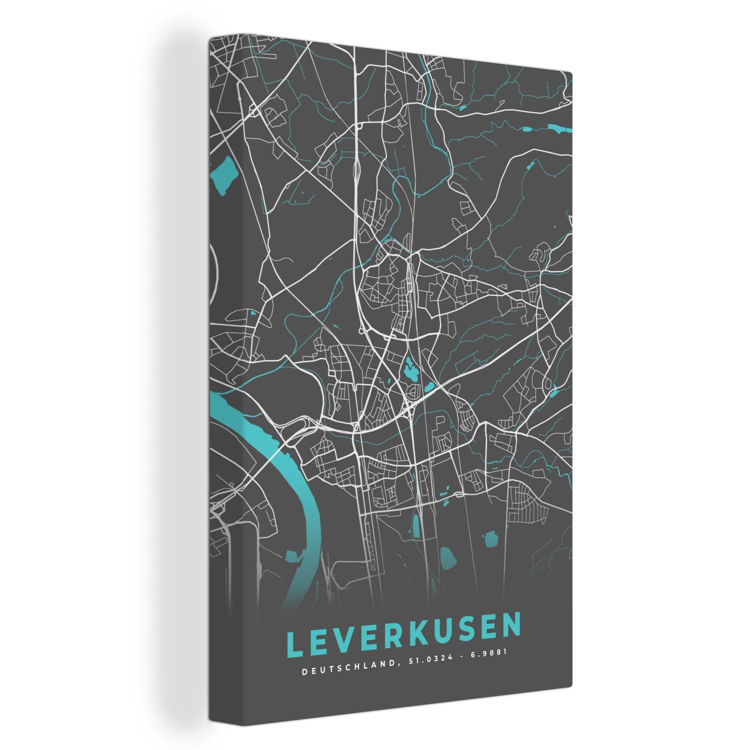 OneMillionCanvasses® Leinwandbild Stadtplan - Karte - Leverkusen - Blau - Deutschland - Karte, (1 St), Leinwandbild fertig bespannt inkl. Zackenaufhänger, Gemälde, 20x30 cm