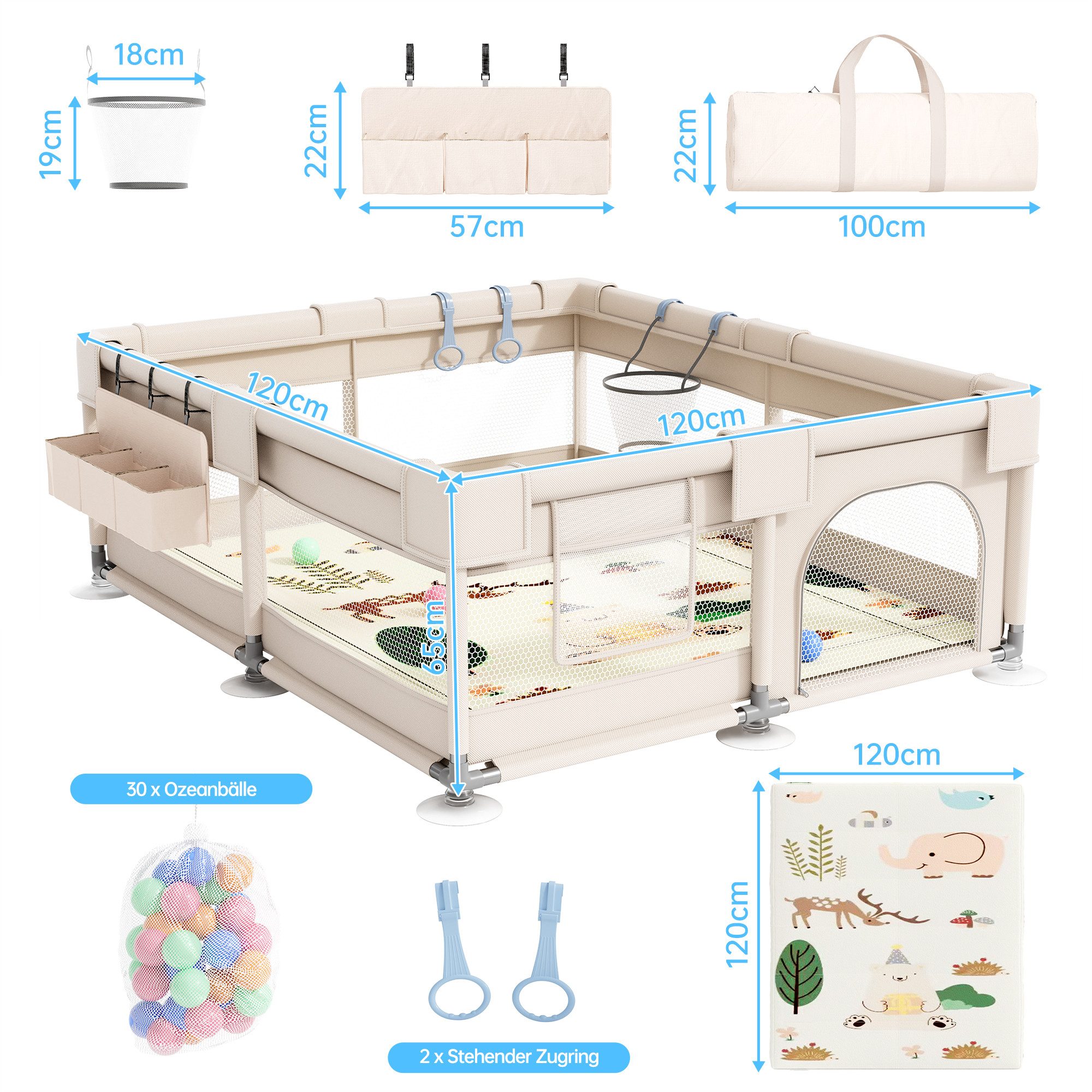 SEHAUSEU Laufgitter Laufstall Baby Krabbelgitter mit Spielmatte 1,5m×1,5 m/1,2m×1,2m, mit Ozeanbälle, Tragetasche, Zugring, Ballkorb, Aufbewahrungskorb – Bild 2 von 5