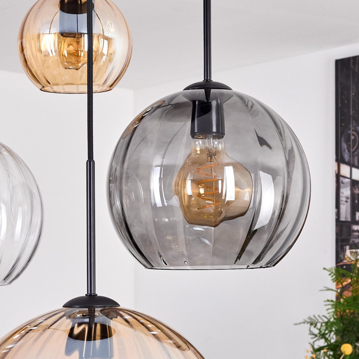 hofstein Hängeleuchte Hängelampe aus Metall/Riffelglas in Schwarz/Bernstein/Rauch/Klar, ohne Leuchtmittel, Pendelleuchte im Vintage-Design (Schirme Ø 15; 20; 25; 30 cm), 4 x E27