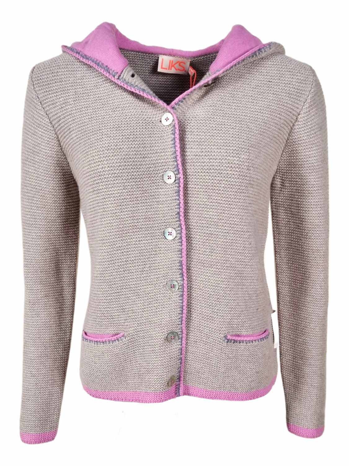 LIKS. Munich Trachtenstrickjacke TeresaC mit Kapuze, Knopfleiste & Herzblumenstickerei