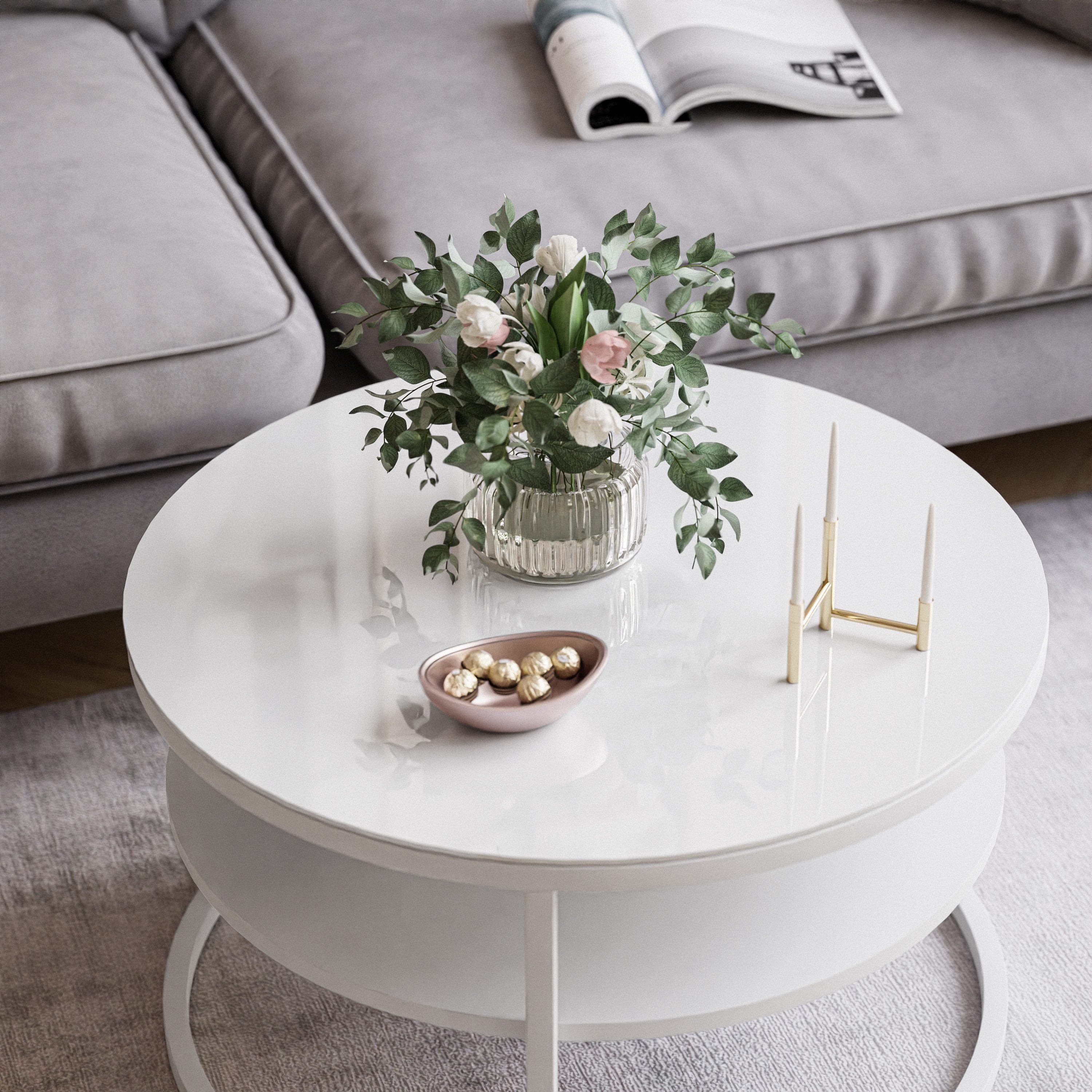 Lookway Couchtisch CIRI GLASS 60 mit weißem Gestell und Ablage (1 Tische), Durchmesser: ⌀ 60 cm