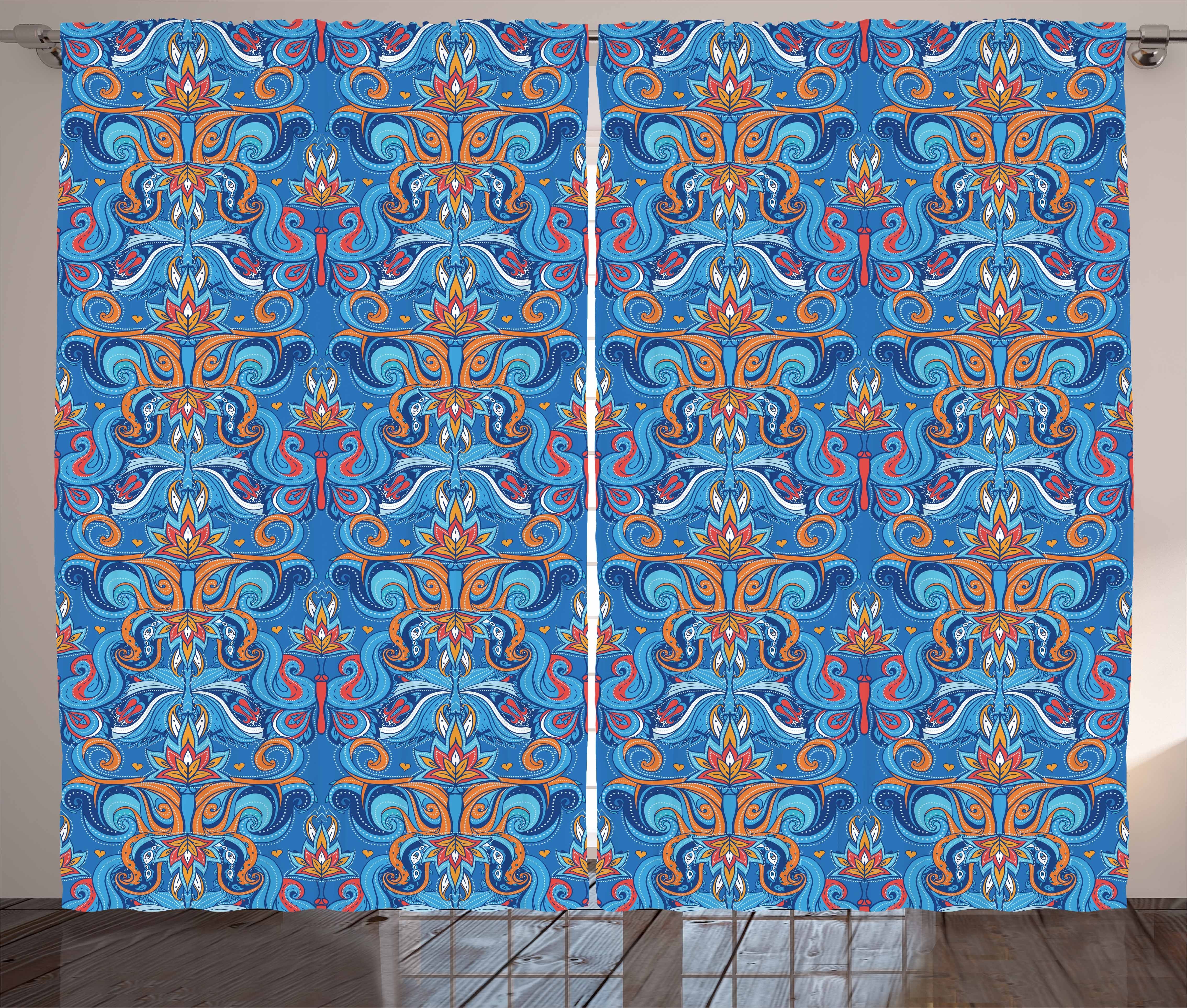 Gardine Schlafzimmer Kräuselband Vorhang mit Schlaufen und Haken, Abakuhaus, Blau Abstrakte Blumenverzierungen