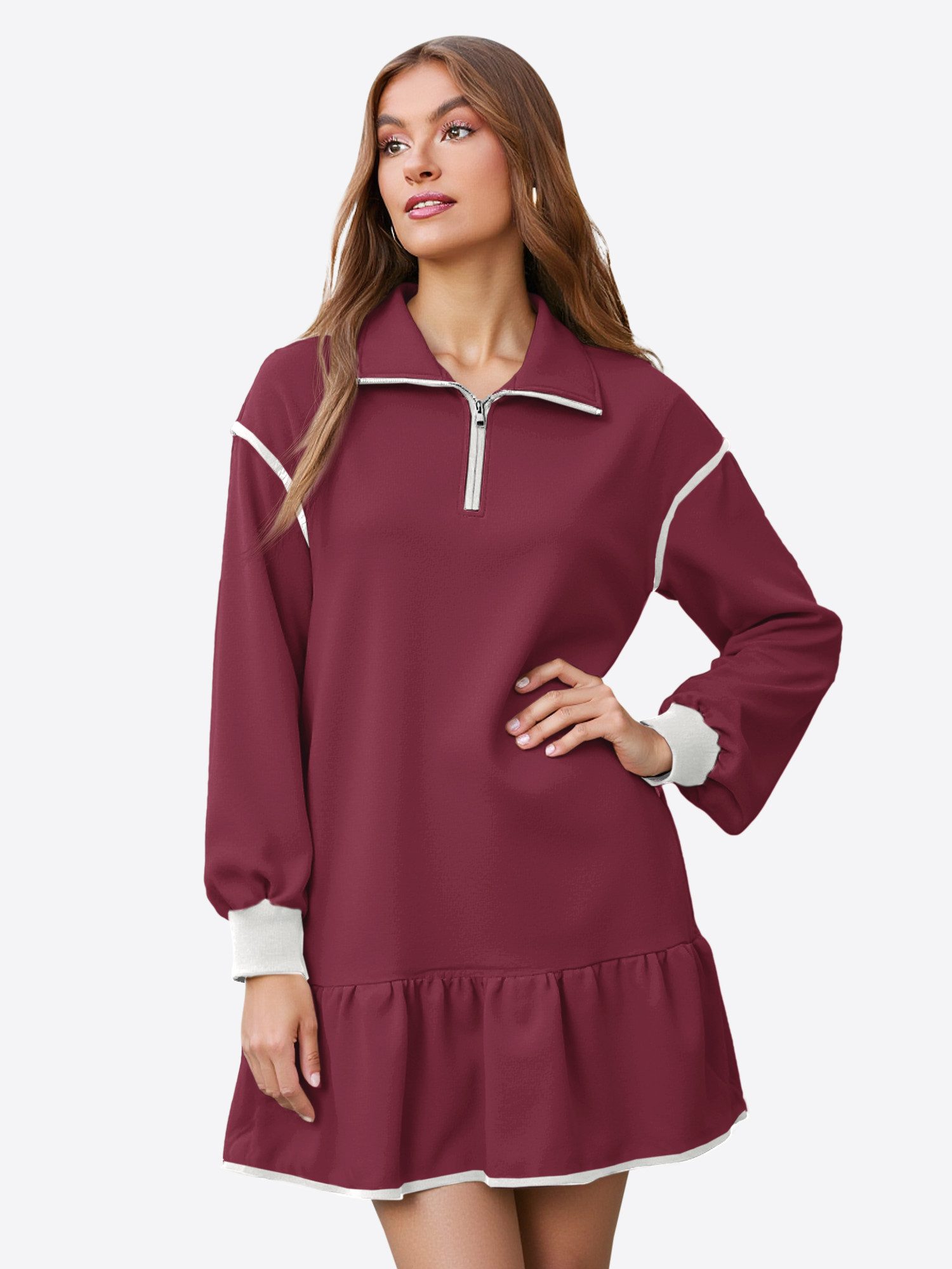Imily Bela Minikleid Damen Langarm Casual mit Halb-Reißverschluss Kontrastnähten (Packung, 1-tlg., 1per-Pack) mit Ballonärmel Rüschensaum