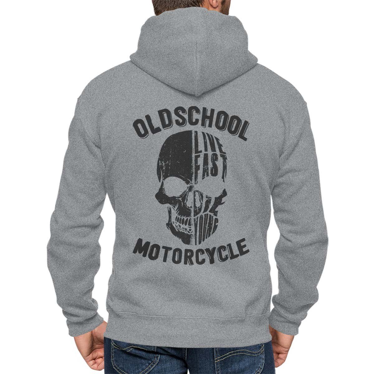 Rebel On Wheels Kapuzensweatjacke Kapuzenjacke Zip Hoodie Oldschool Skull mit Motorrad / Biker Motiv Grau Melange