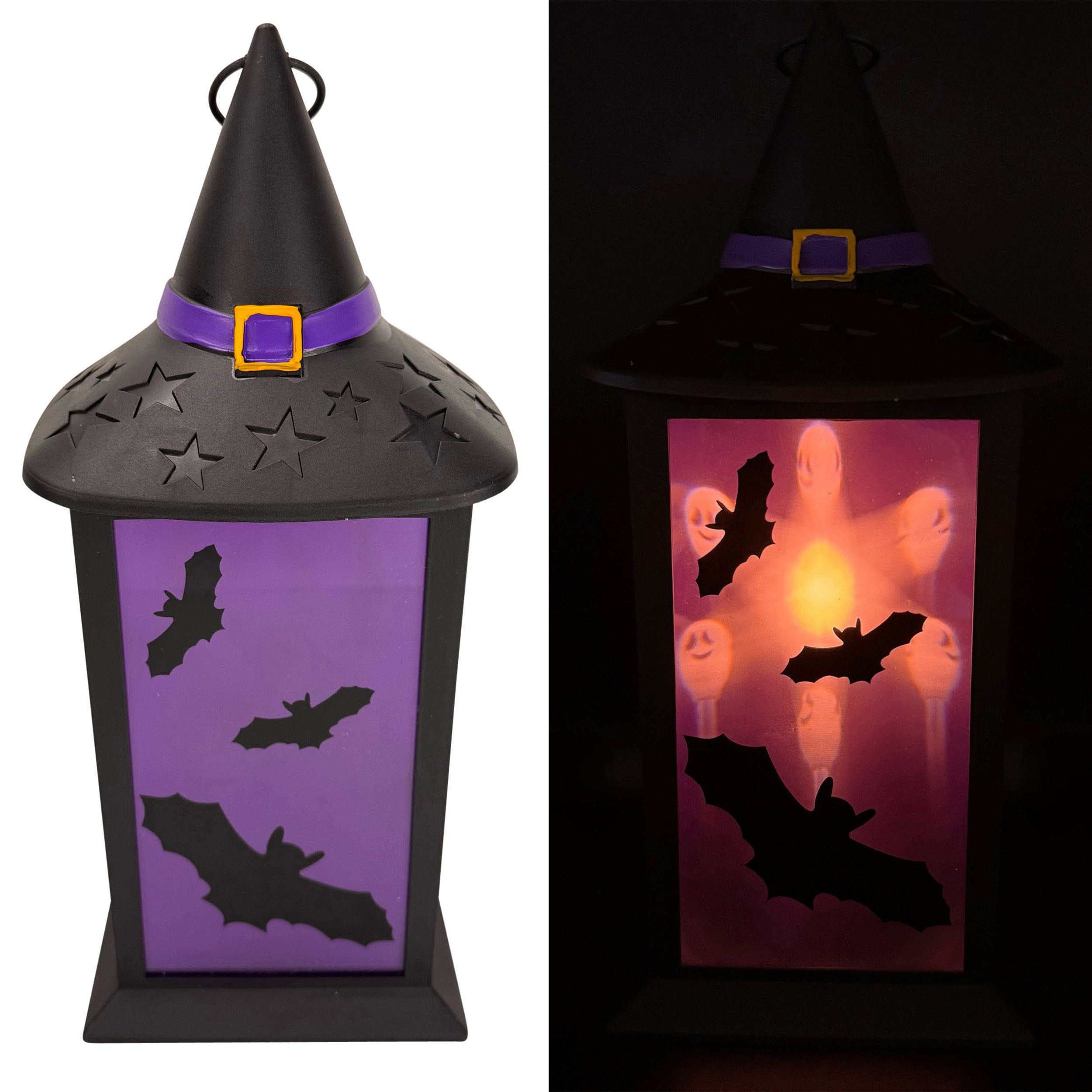 Online-Fuchs LED Laterne mit LED-Kerze & Timer - Halloween Deko für draußen - Outdoor, Geisterköpfe werden projiziert, gruselige Beleuchtung, inklusive praktischer 6-Stunden Timerfunktion