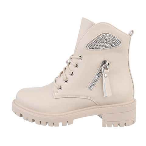 Ital-Design Kinder Freizeit Stiefelette Blockabsatz Stiefeletten in Beige