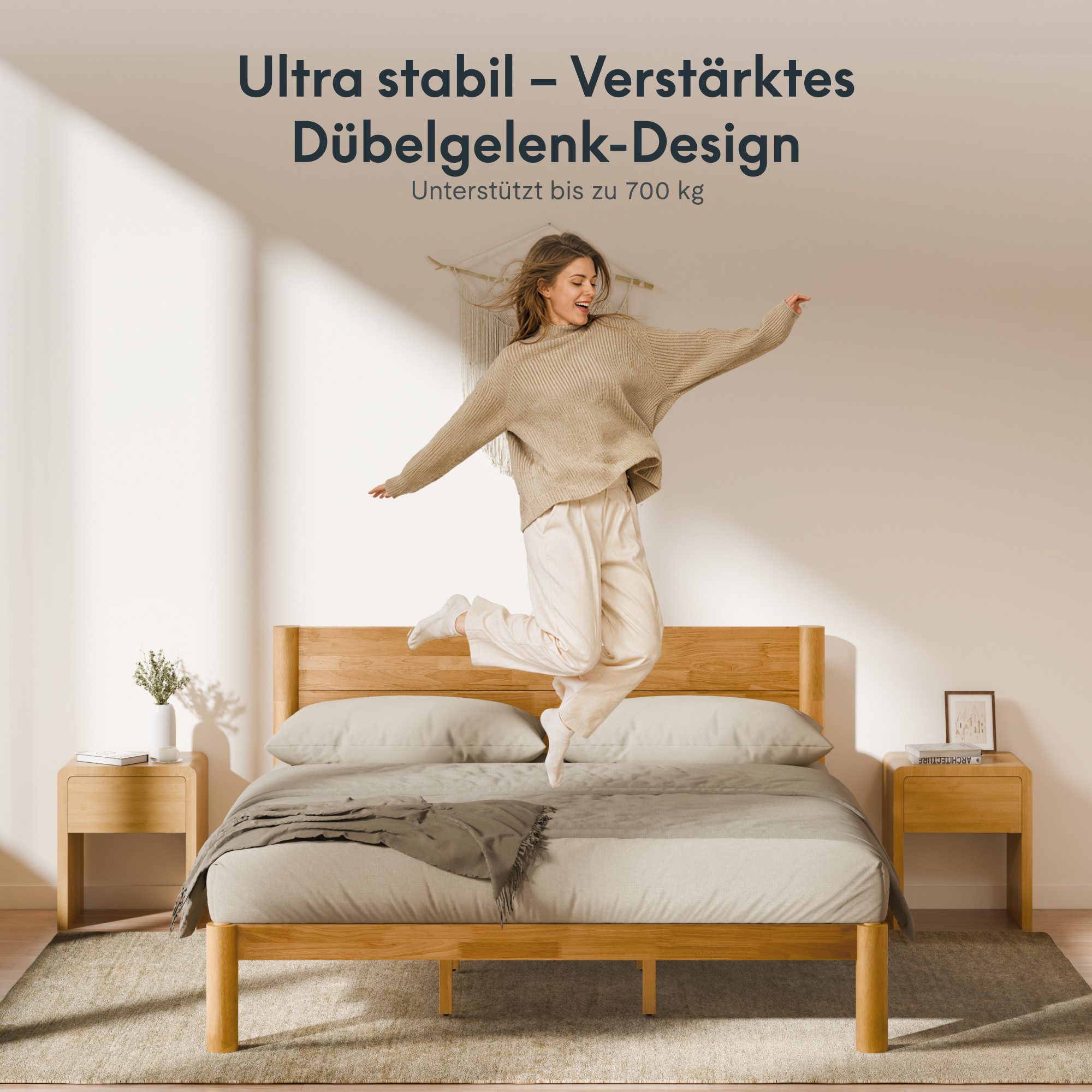 FLEXISPOT Bettgestell 90/140/160/180x200 cm aus Gummibaumholz, Futonbett aus Massivholz (Massivholz-Plattformbett aus 100 % Gummibaumholz, bis 700KG, 10 Jahre G – Bild 2 von 5