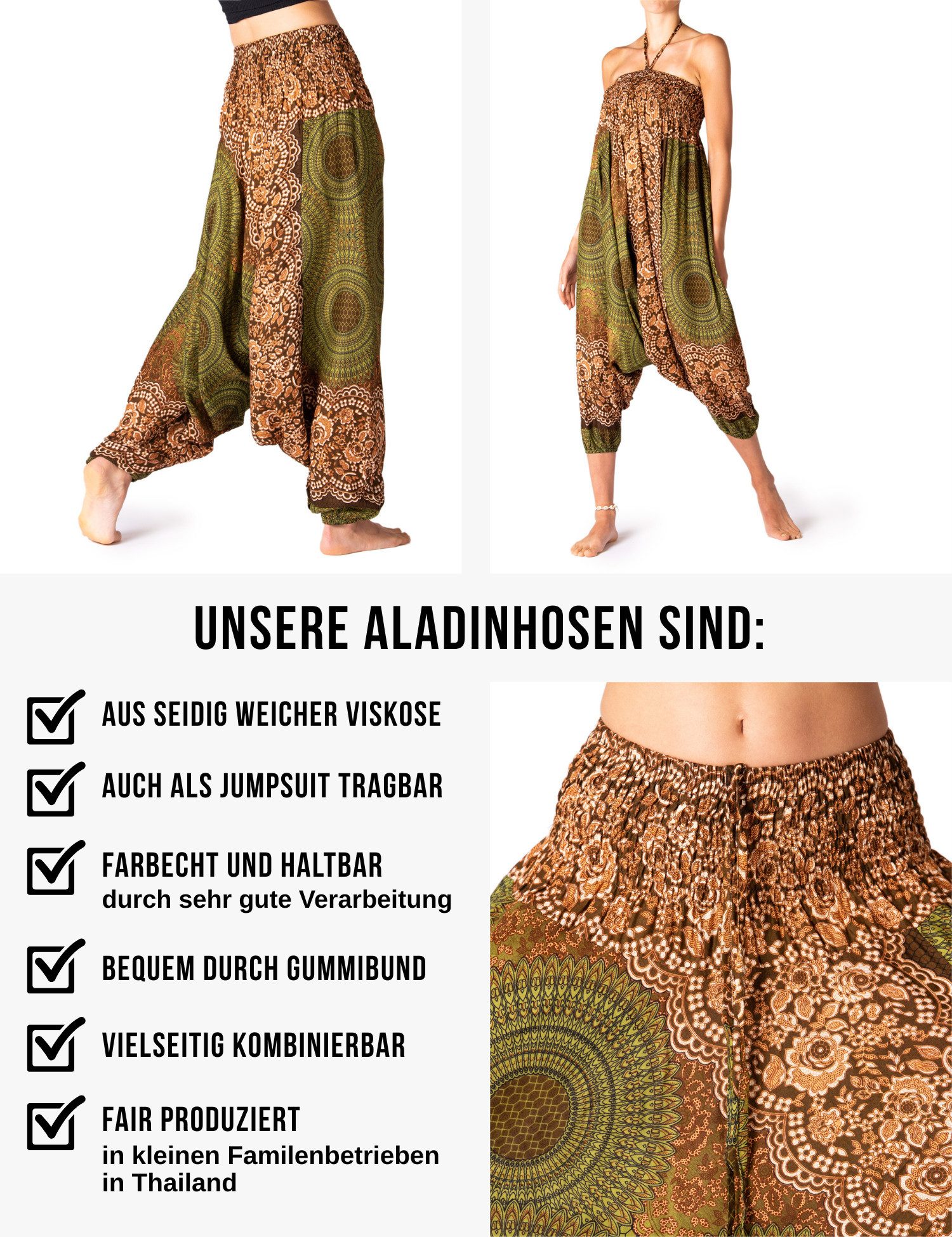 PANASIAM Haremshose Aladinhose im schönen Peacock Design Haremshose aus 100% natürlicher Viskose auch als Overall tragbar Damen Pumphose bequeme Freizeithose