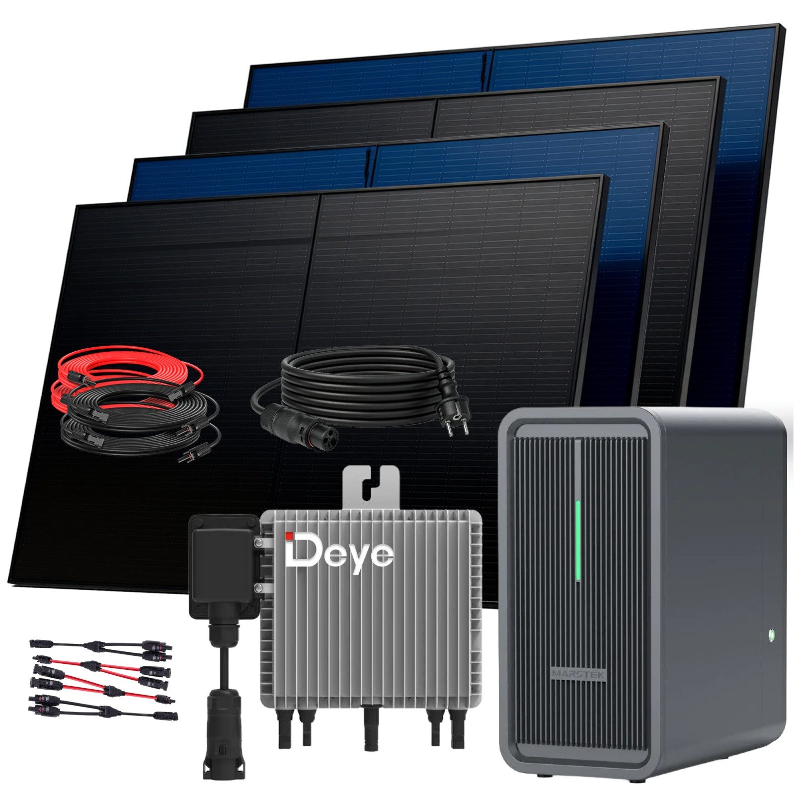 SUNNIVA Balkonkraftwerk 2000W Deye mit 2,24 kWh Speicher MARSTEK B2500-D, (BIFAZIAL FULLBLACK komplett Steckdose, PV Solaranlage Komplettset mit Solarspeicher, 4x 500W N-Type Glas Bifacial Module) von SUNNIVA