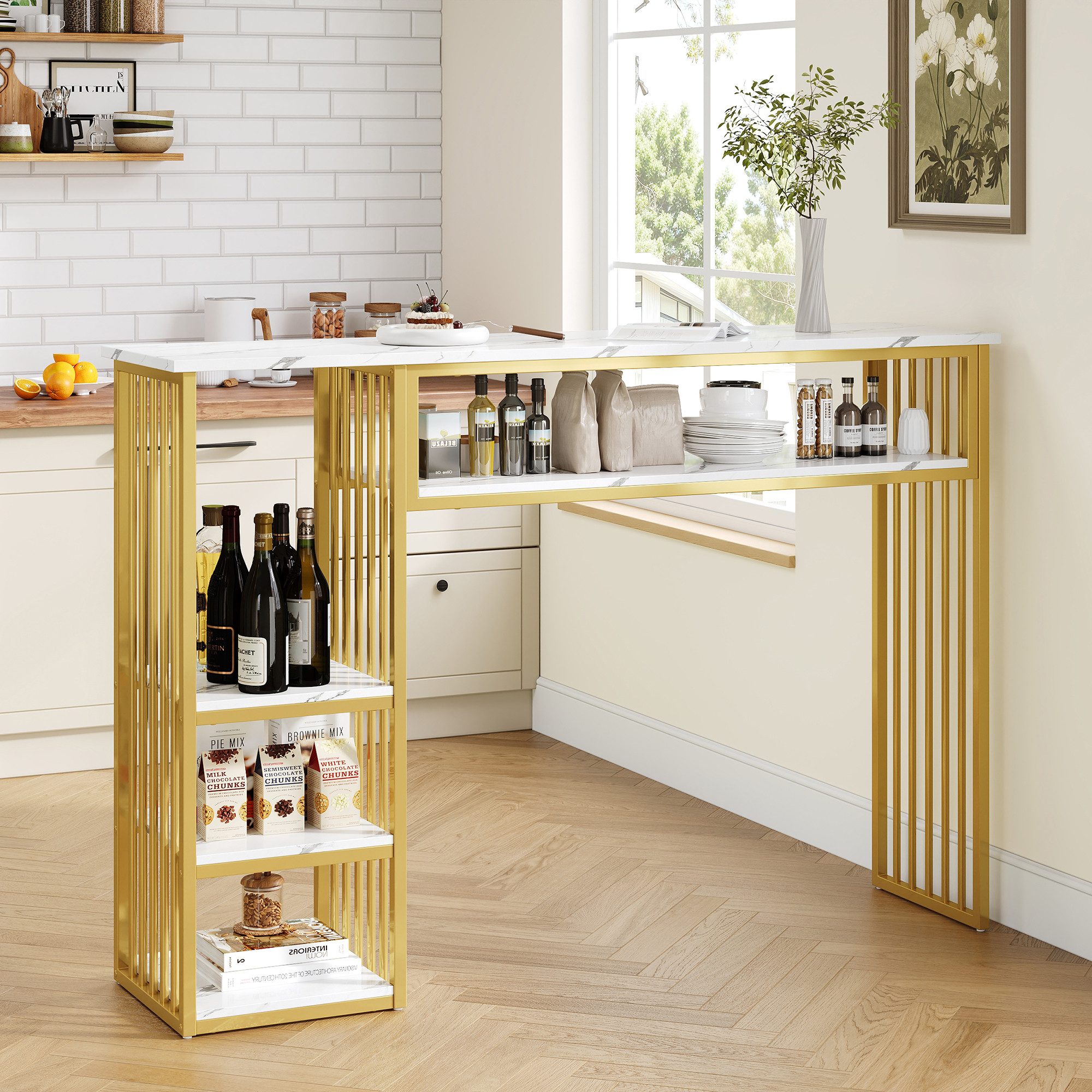 i@home Bartisch Moderner Bartisch mit Stauraum, 140×40×105 cm, hoher Küchentresen,Kücheninsel,Frühstückstisch für Küche und Esszimmer