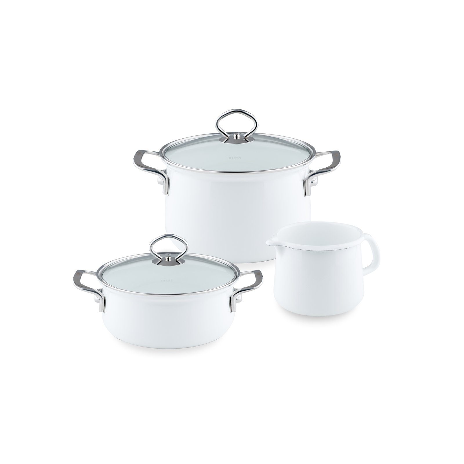 Riess Topf-Set Topfset 3-teilig ARTICWEISS, Emaille (Sparpaket, 3-tlg., Fleischtopf 20 cm, Kasserolle 16 cm, Schnabeltopf 12 cm)