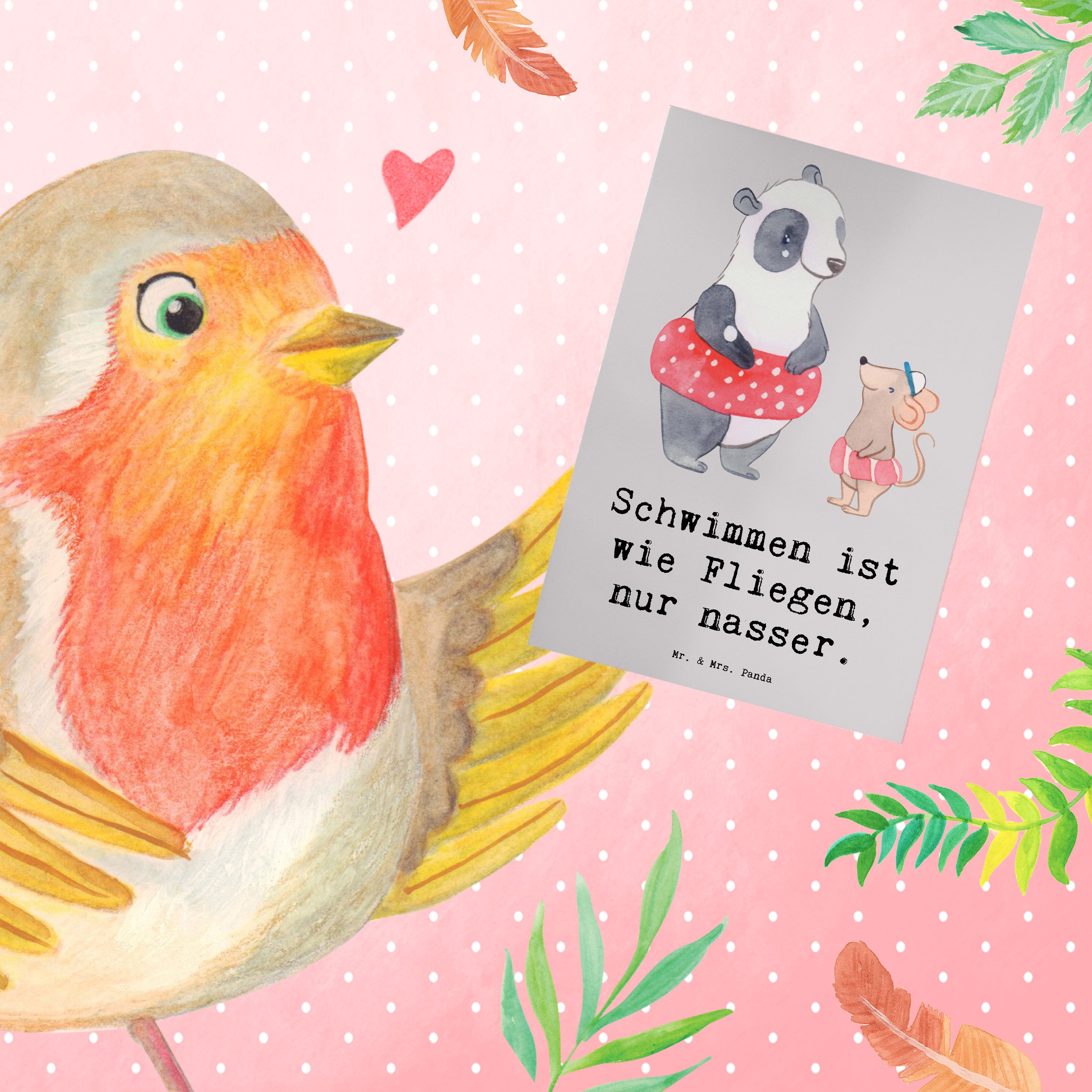 Thumbnail - Mr. & Mrs. Panda Grußkarte Schwimmen wie Fliegen - Grau Pastell - Geschenk, Freiheit, Kraft, Ten, Einzigartige Motive