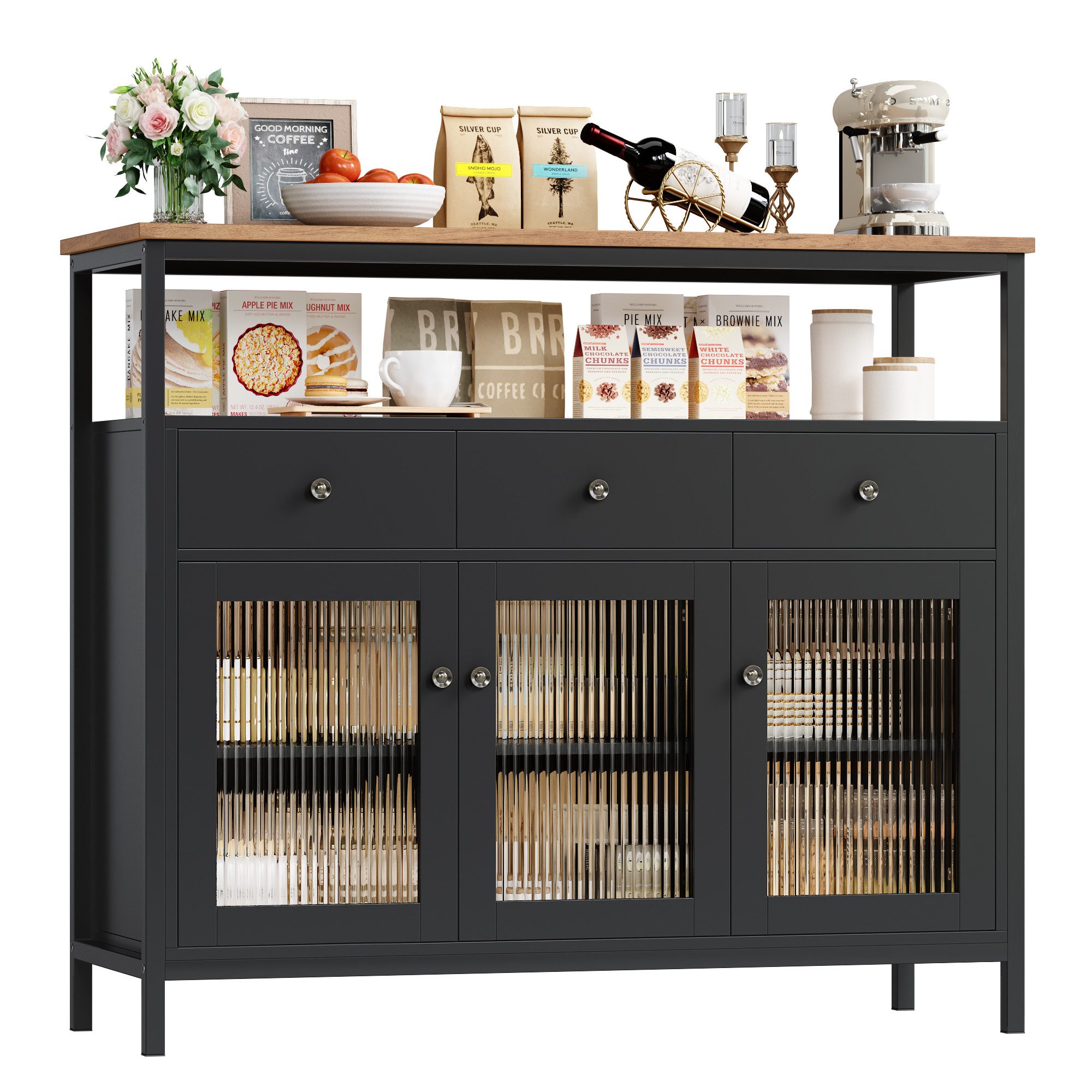 Homfa Sideboard Küchenschrank mit Glastüren und Schubladen, für Küche Wohnz günstig online kaufen