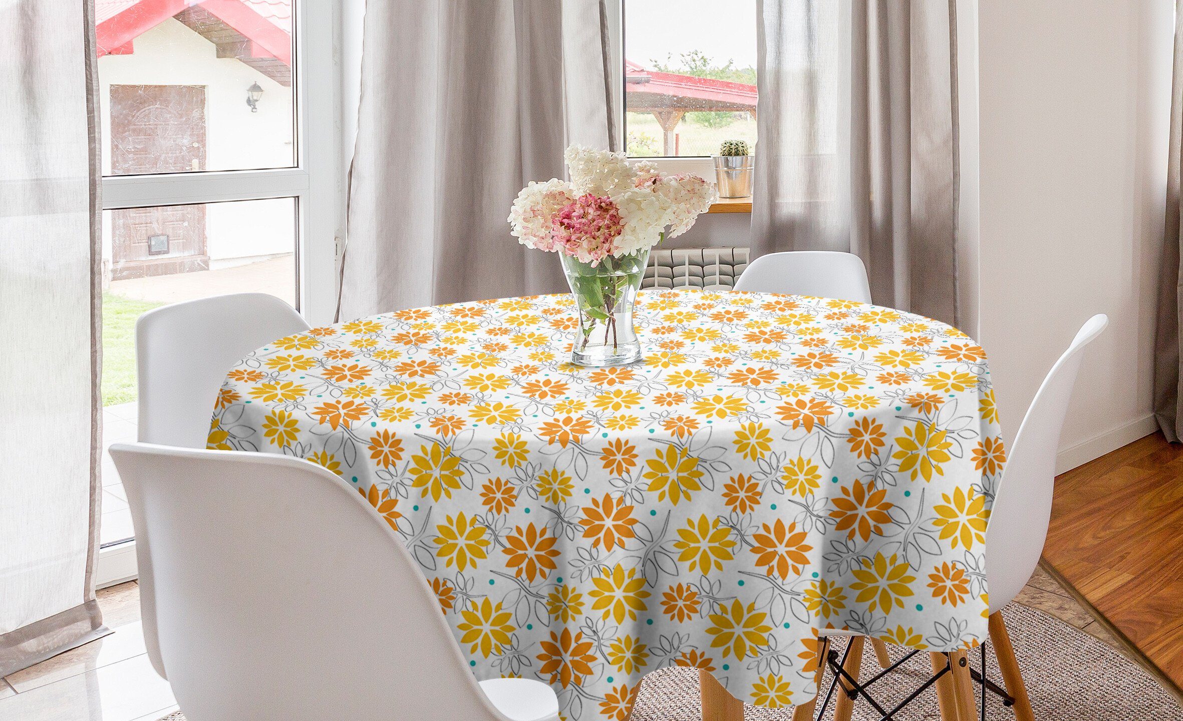 Abakuhaus Tischdecke Kreis Tischdecke Abdeckung für Esszimmer Küche Dekoration, Orange und Gelb Blumen Blatt Dot