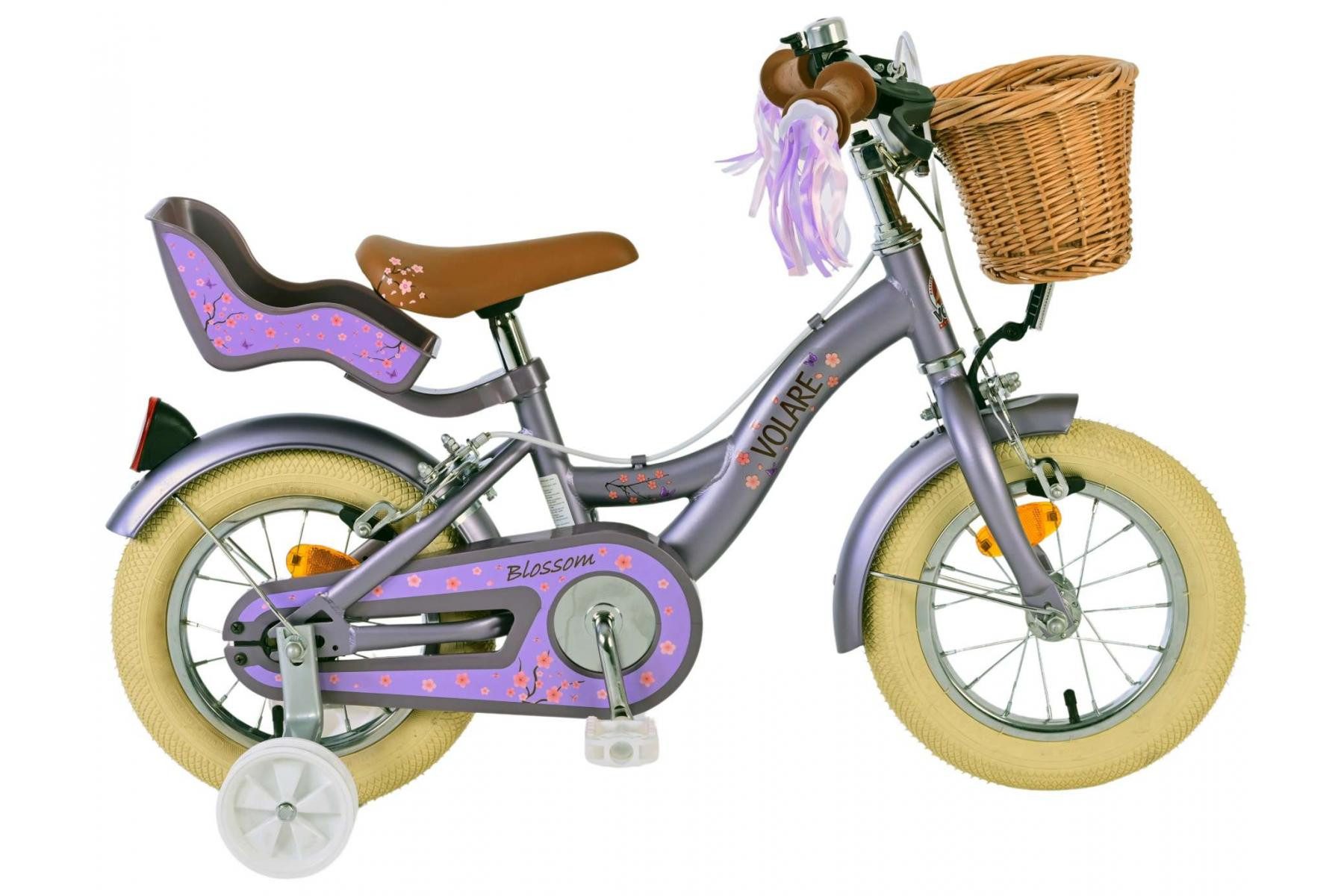 Volare Kinderfahrrad Blossom Mädchen 12 Zoll Lila – 2 Handbremsen & Stützräder, Geschlossener Kettenschutz zum Schutz der kleinen Finger