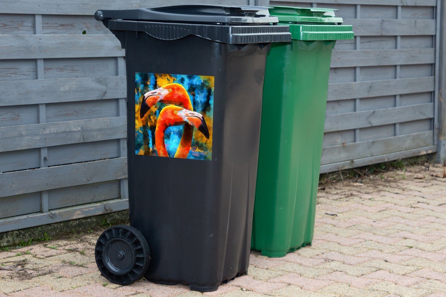 Mülltonne, Mülleimer-aufkleber, Ölgemälde Flamingo Container, Wandsticker (1 Sticker, - St), MuchoWow - Vogel Abfalbehälter