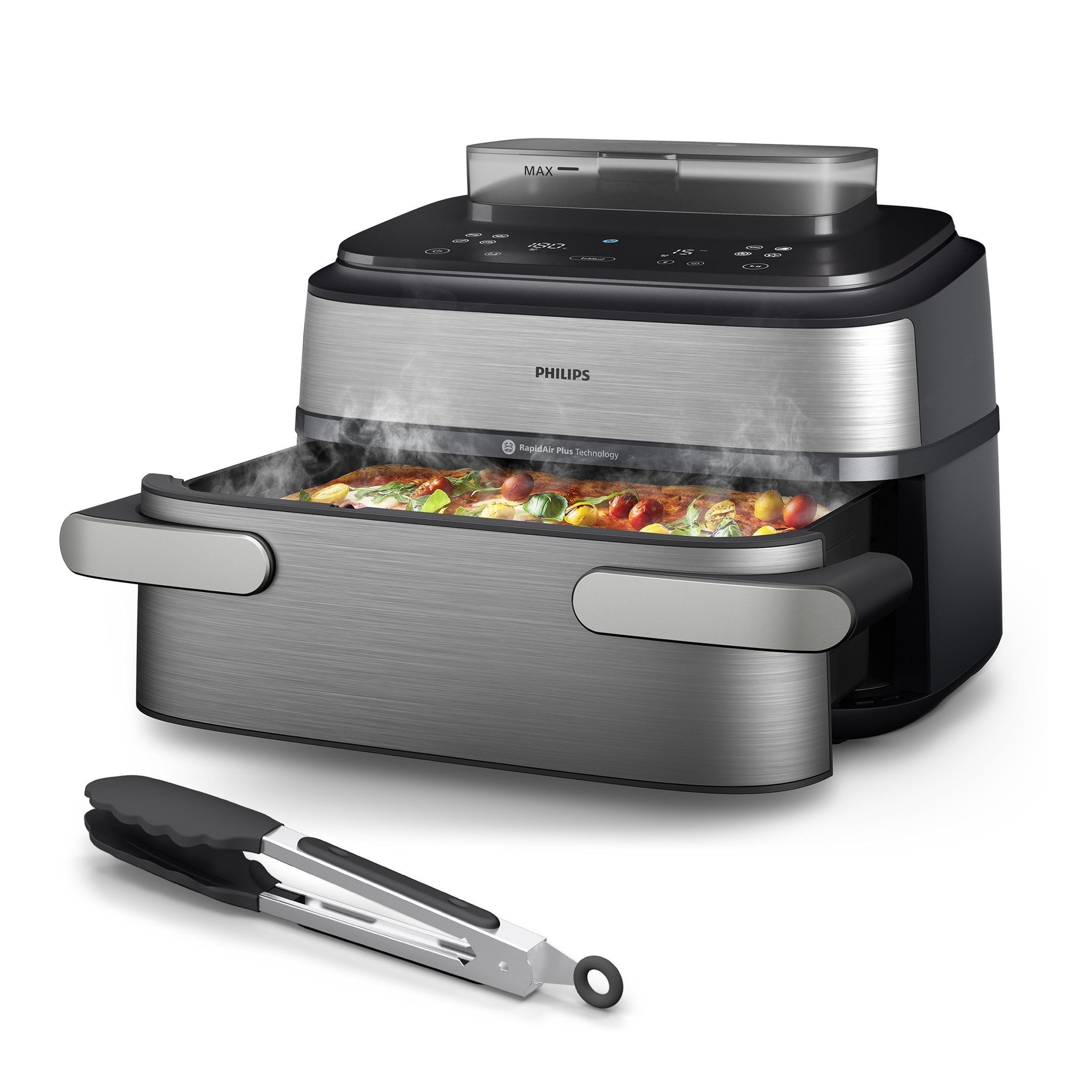 Philips Heißluftfritteuse NA565/02 Steam Airfryer 5000 Series Megabasket, 9,5L Kapazität, 2750 W, mit Dampfgarfunktion u. RapidAir Plus Technologie; inkl. Servierzange