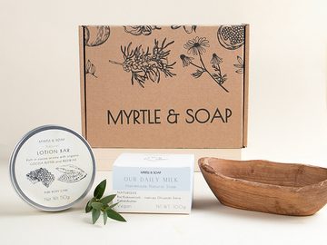 Myrtle & Soap Pflege-Geschenkset Naturkosmetik-Set, Lotion Bar, Seife für sensible Haut & Seifenablage Set, 3-tlg., Unparfümiert