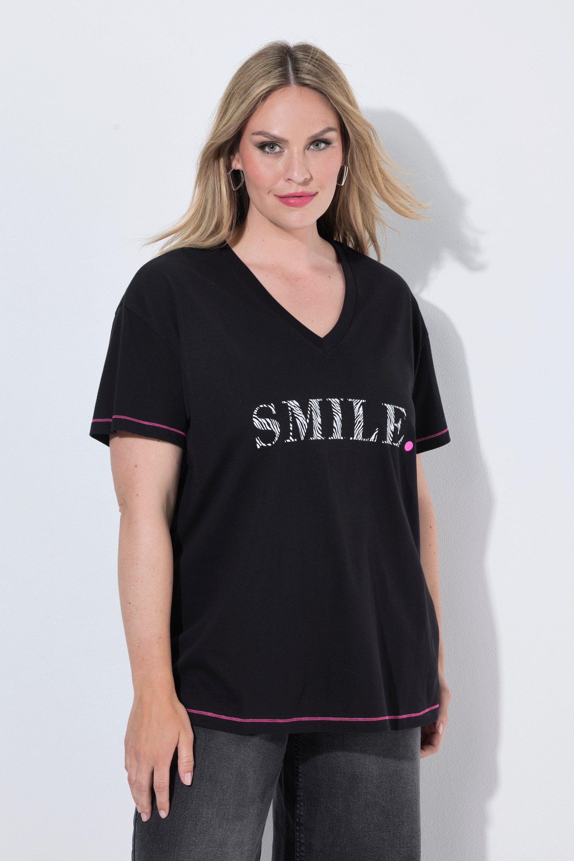 MIAMODA T-Shirt T-Shirt Boxy Fit Schriftzug Ziernähte