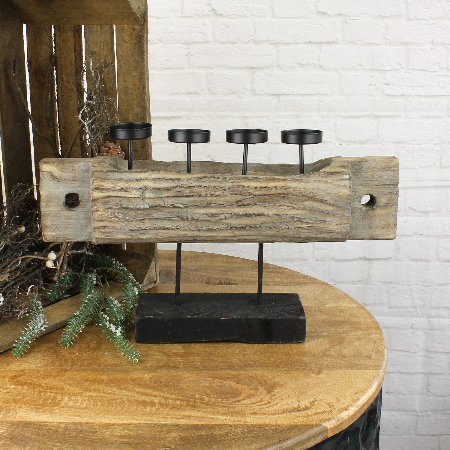Macosa Home Adventskranz Advents-Kerzenständer aus massivem Holz 51 cm mit 4 Kerzen-Haltern, Metall Advents-Deko Tischdeko Design