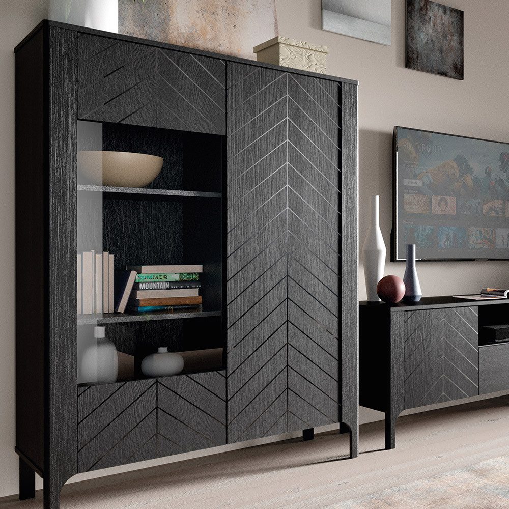 Lomadox Wohnwand MAZARA-161, (2-St., Lowboard Highboard), Wohnzimmermöbel mit Fischgrät Dekor, Push-to-Open, Softclose-Funktion