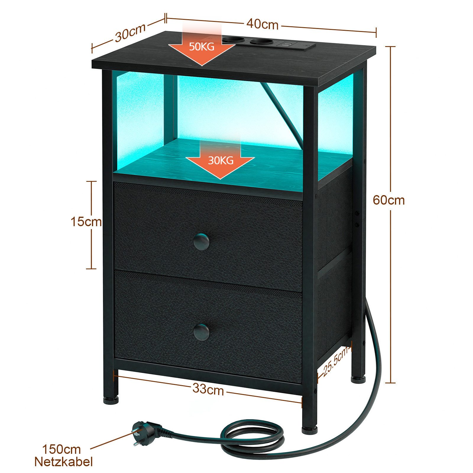 AMHANCIBLE Nachttisch 2er-Set mit integrierter Ladestation, LED-Beleuchtung & 2 Schubladen (2-St), multifunktionaler Beistelltisch mit offenem Fach, 40x30x60cm