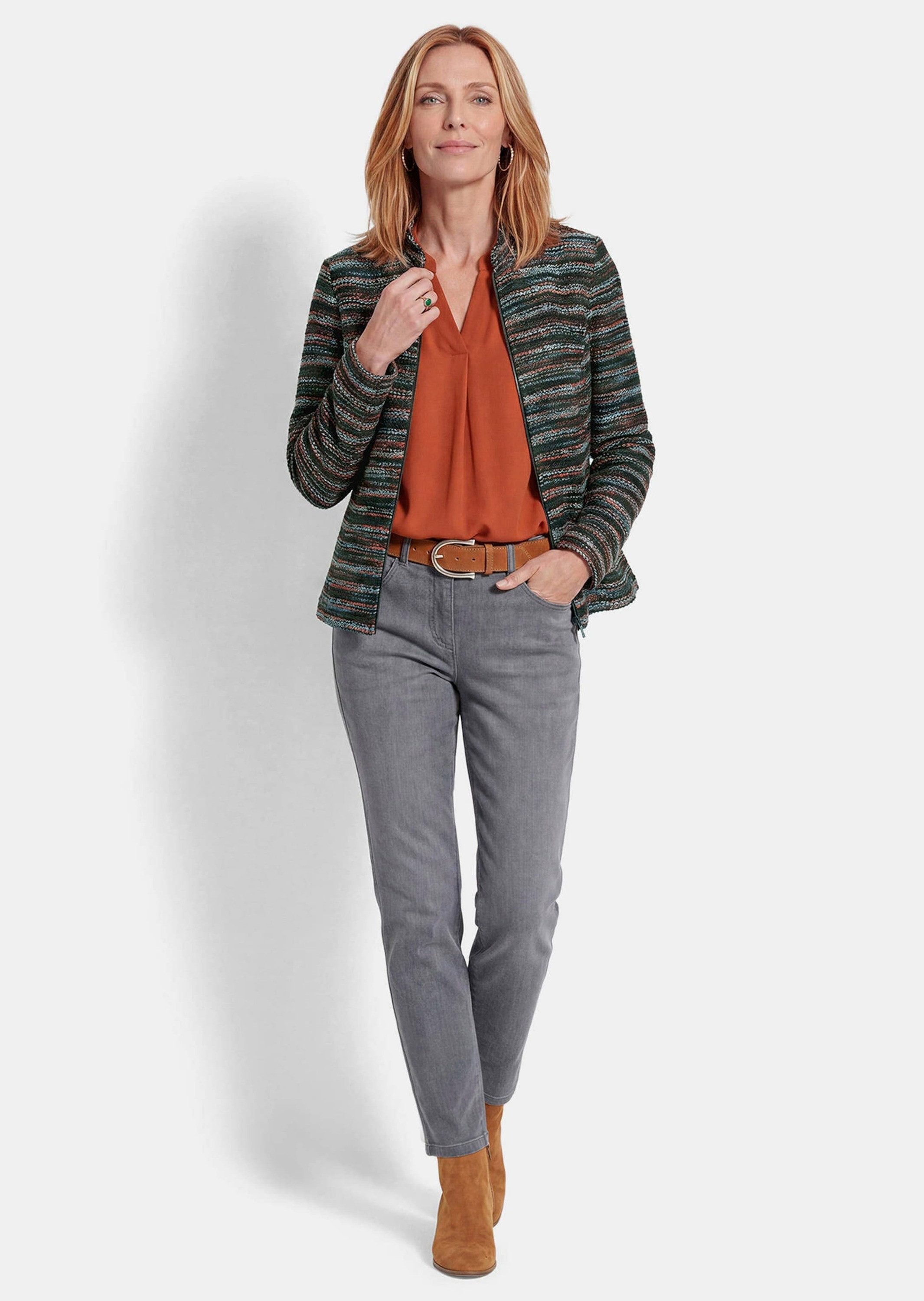 GOLDNER Outdoorjacke Streifenjacke mit Stehkragen Weiche Jerseyjacke in Bouclé-Optik mit Reißverschluss und Taschen