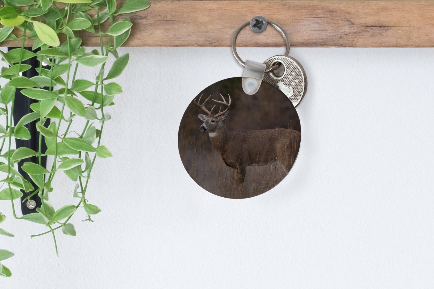 MuchoWow Schlüsselanhänger Herbst - Hirsche - Gras - Natur - Tiere, Rund, Geschenk für Damen / Herren / Kinder mit Schlüsselring, 5x5 cm