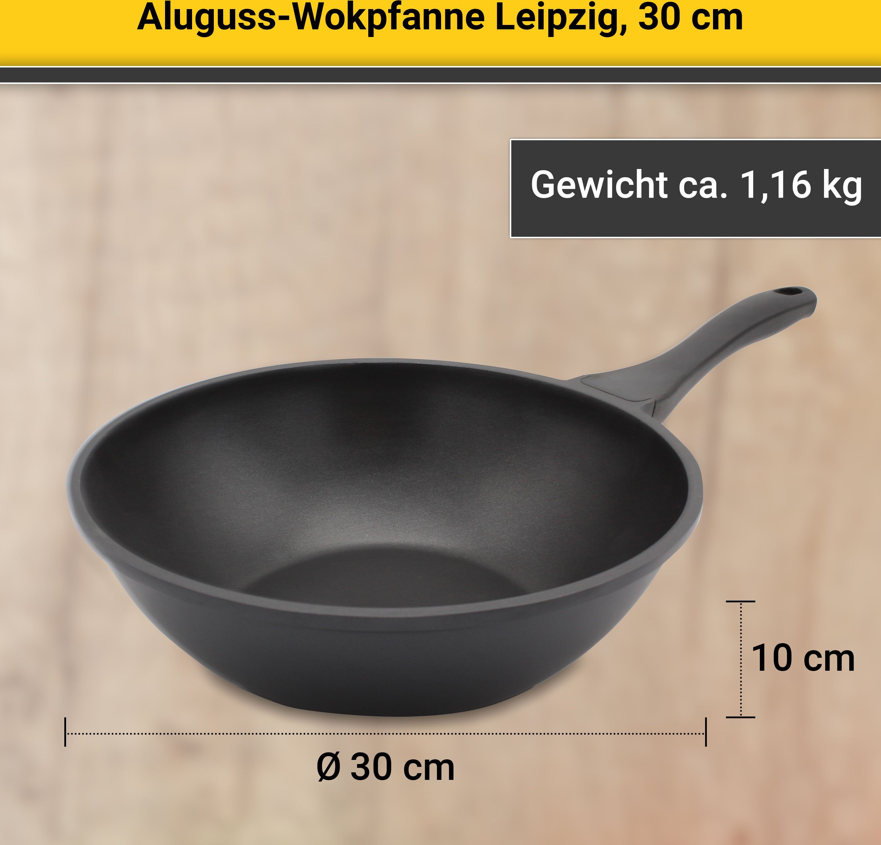 Krüger Wok Aluguss Wokpfanne LEIPZIG, 30 cm, Aluminiumguss (1-tlg), hochwertige Antihaft-Versiegelung – Bild 2 von 5