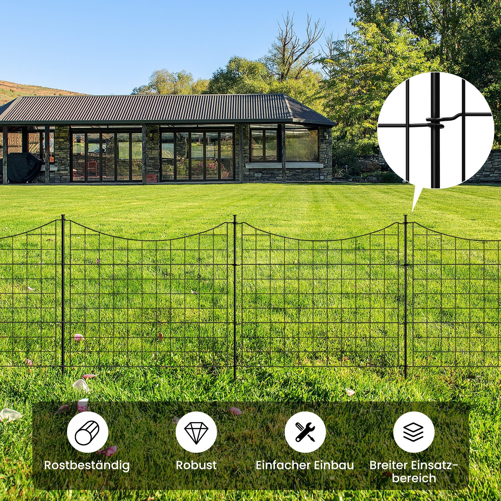 Woltu Teichzaun, (5-St), Gartenzaun Komplettset, Steckzaun Metall, Gitterzaun Schwarz