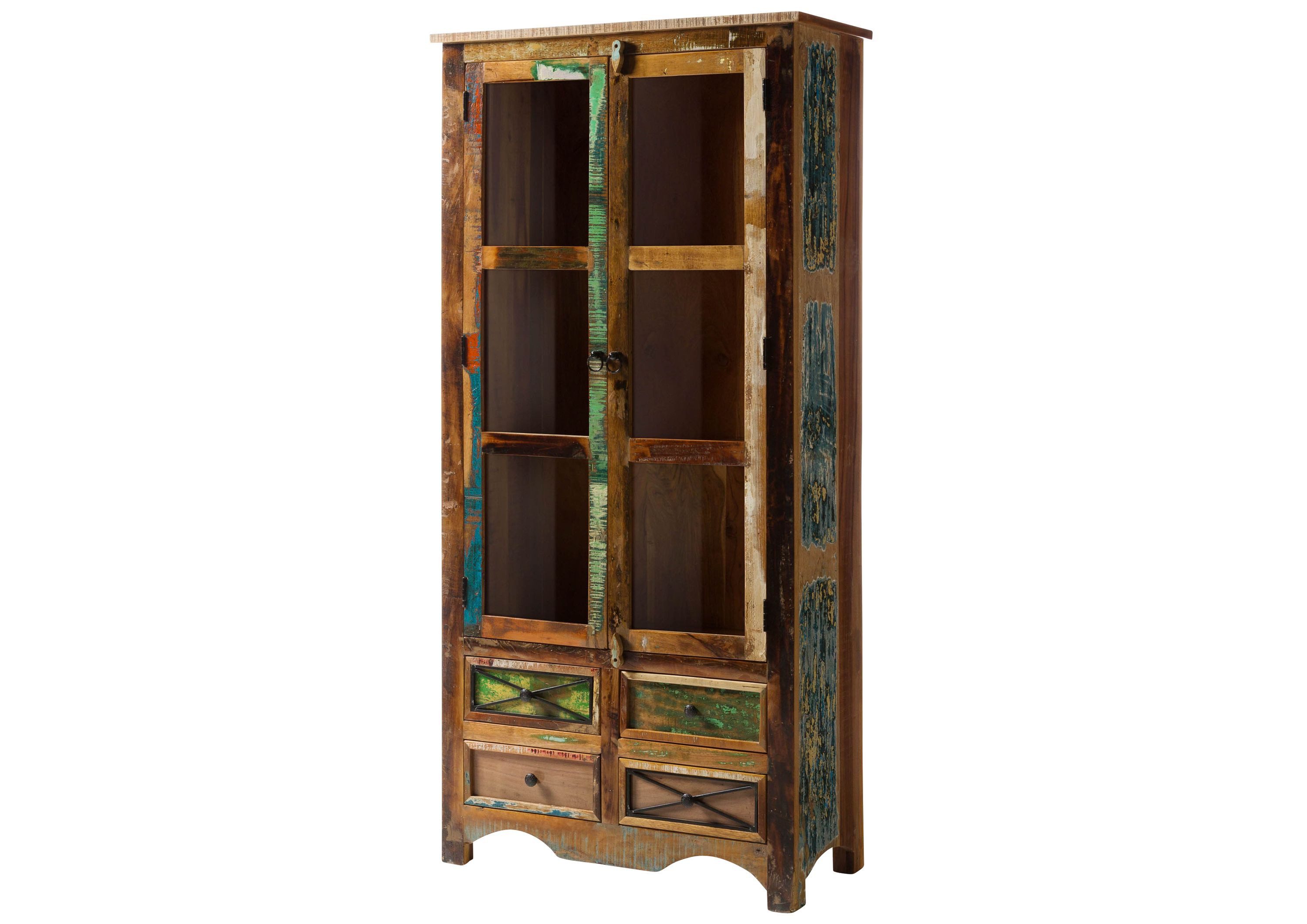 Massivmoebel24 Standvitrine NATURE OF SPIRIT (Vitrine Altholz 90x40x190 mehrfarbig lackiert NATURE OF SPIRIT #138) Vitrine Altholz 90x40x190 mehrfarbig lackiert NATURE OF SPIRIT #138