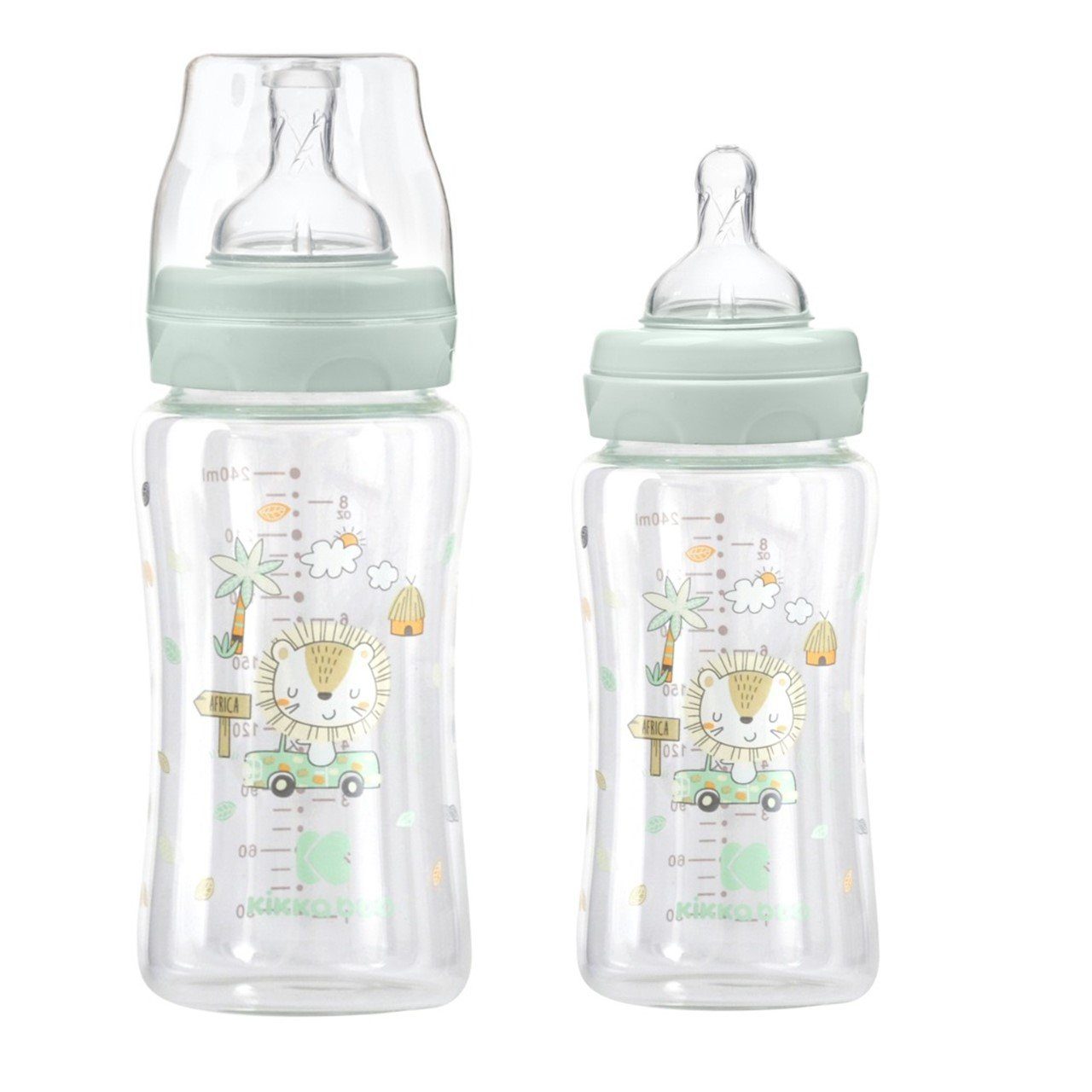 Kikkaboo Babyflasche Baby Glasflasche 240 ml, Weithalsöffnung, Deckel, Silikonsauger Größe M grün