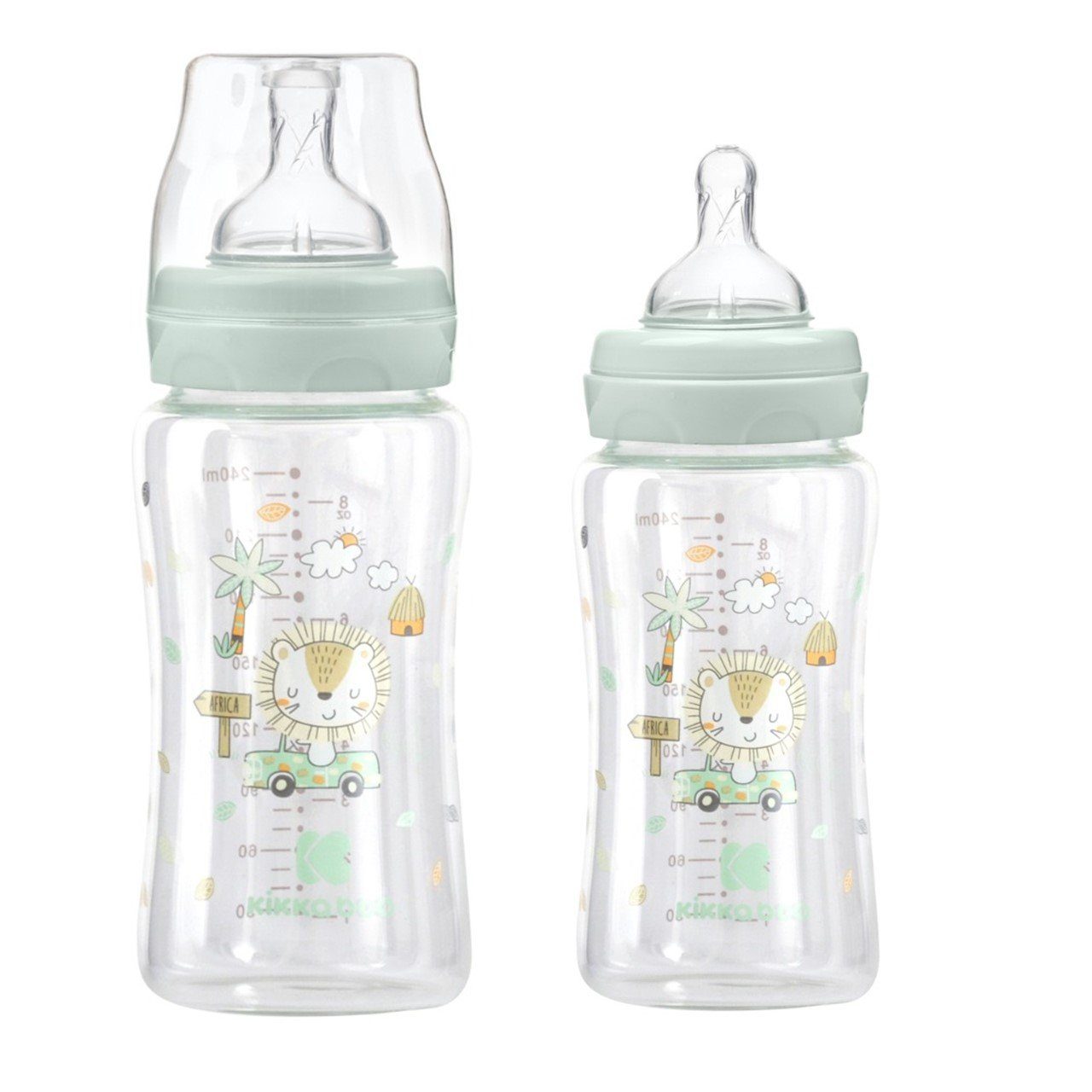 ml, Glasflasche Baby Größe Babyflasche grün M Deckel, Kikkaboo 240 Weithalsöffnung, Silikonsauger