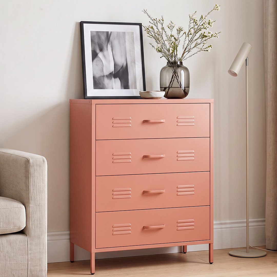 skølm Kommode Atria aus Metall (Terrakotta), Sideboard mit 4 Schubladen, Metallschrank mit höhenverstellbaren Füßen