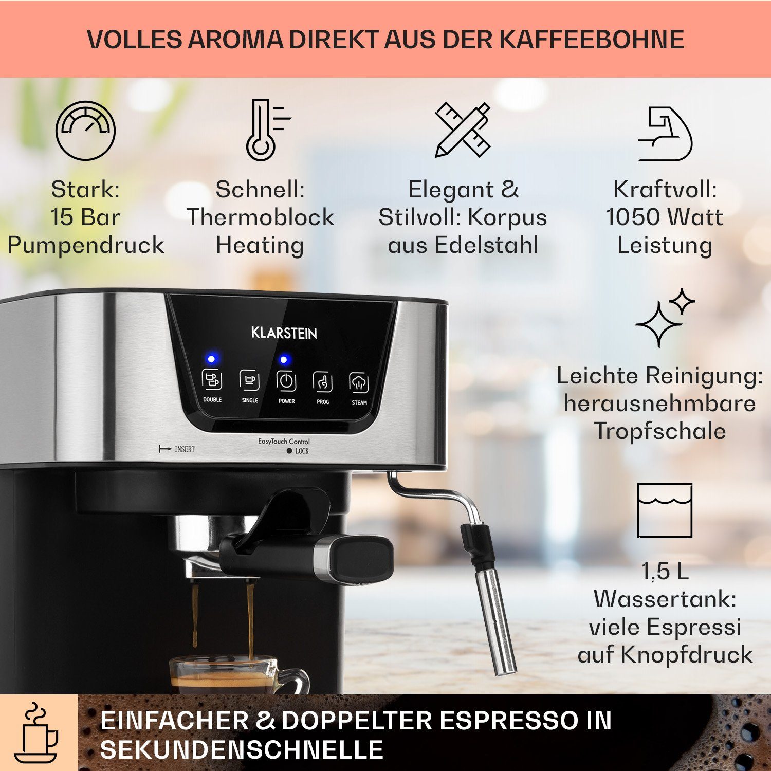 Klarstein Filterkaffeemaschine, 1.5l Kaffeekanne, Espressomaschine 1050W 15 Bar 1,5l Touch-Bedienfeld Edelstahl