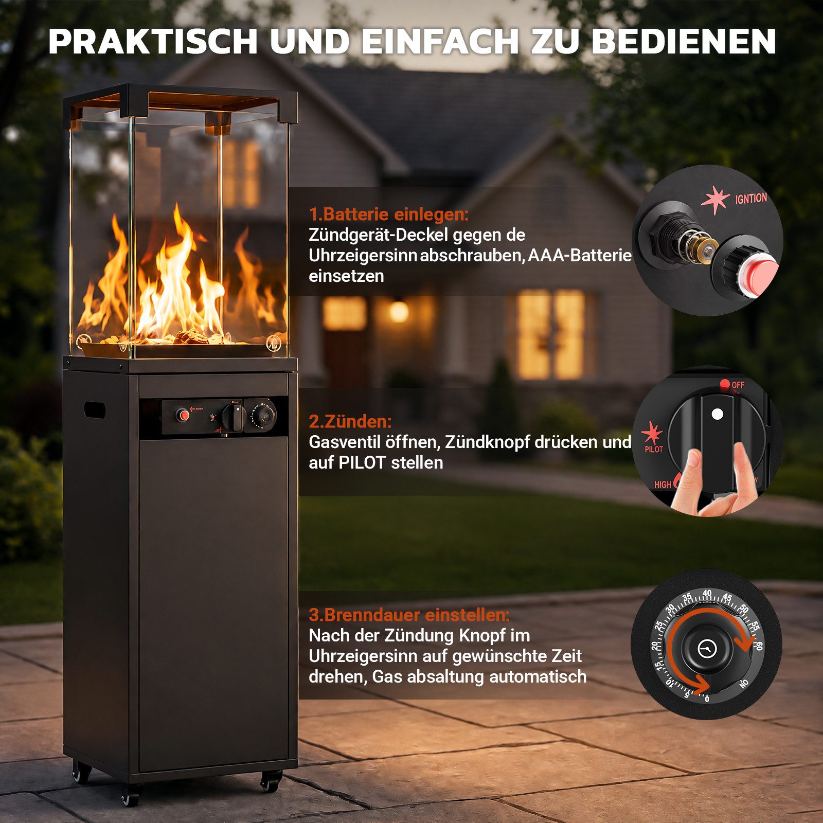 HOMALL Heizstrahler 8KW Mobiler Gasheizstrahler Terrassenstrahler Elektronische Zündung, Piezo-Zündung, Kippschutz und Thermoelement-Sicherheit Mit Timer – Bild 4 von 5