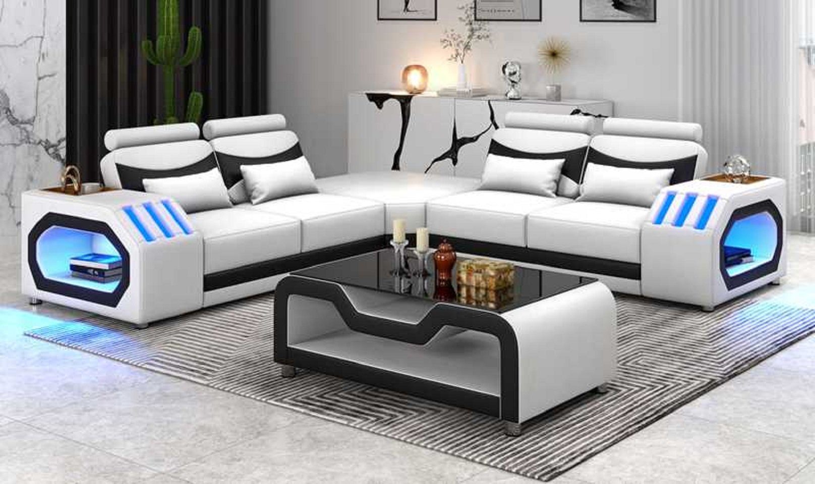 Moderne, Ledersofa Form JVmoebel Couch Ecksofa 3 Europe Made L Ecksofa in Sofa Eckgarnitur Luxus Teile, Weiß/Schwarz