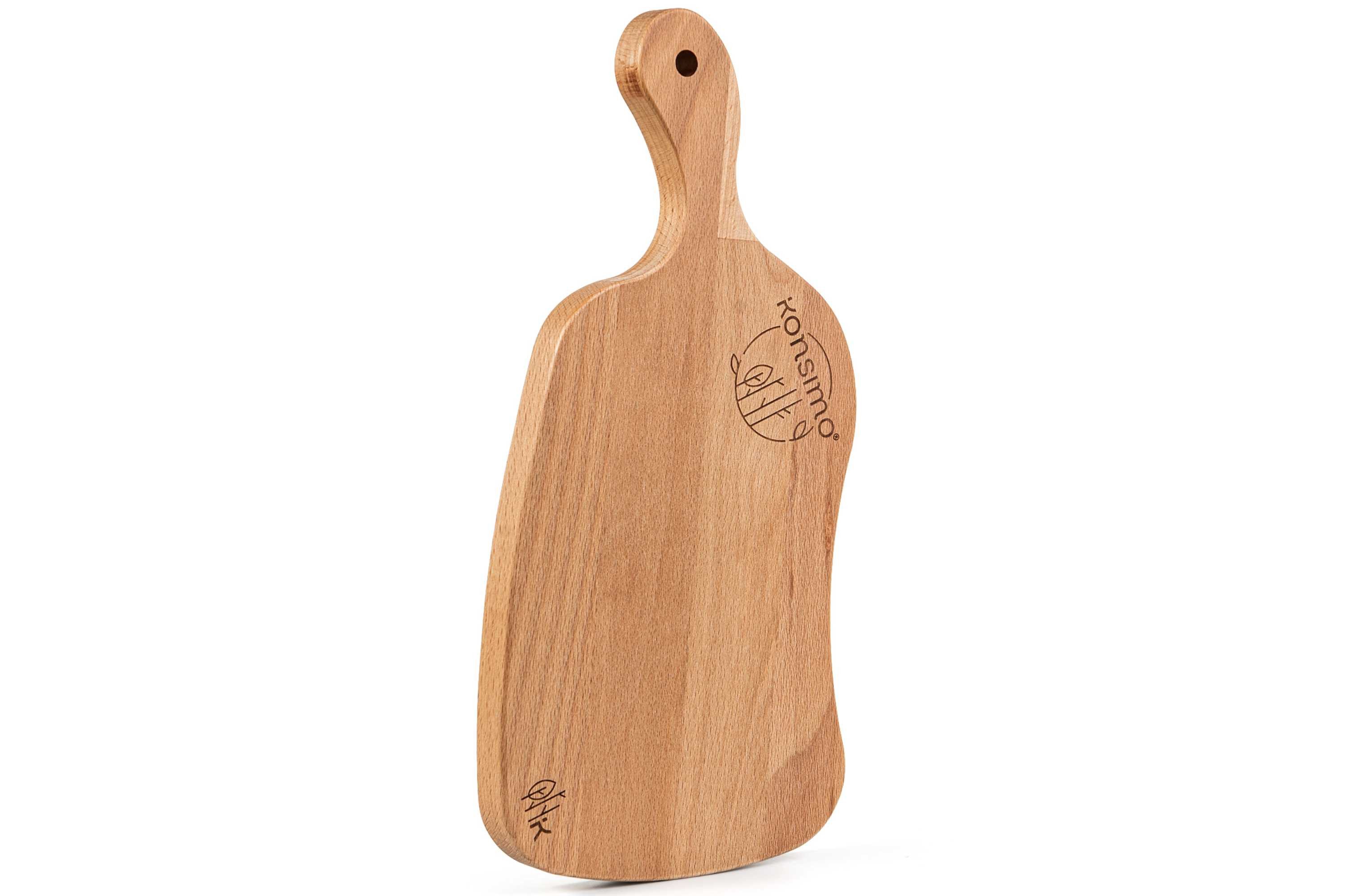 KONSIMO® Schneidebrett Premium LIVO Designschneiderbrett, Massivholz, Servierbrett, Buche geölt, (Maße: 33x2x15,5 cm), hergestellt in der EU, mit Griff, Handarbeit, Messerschonend