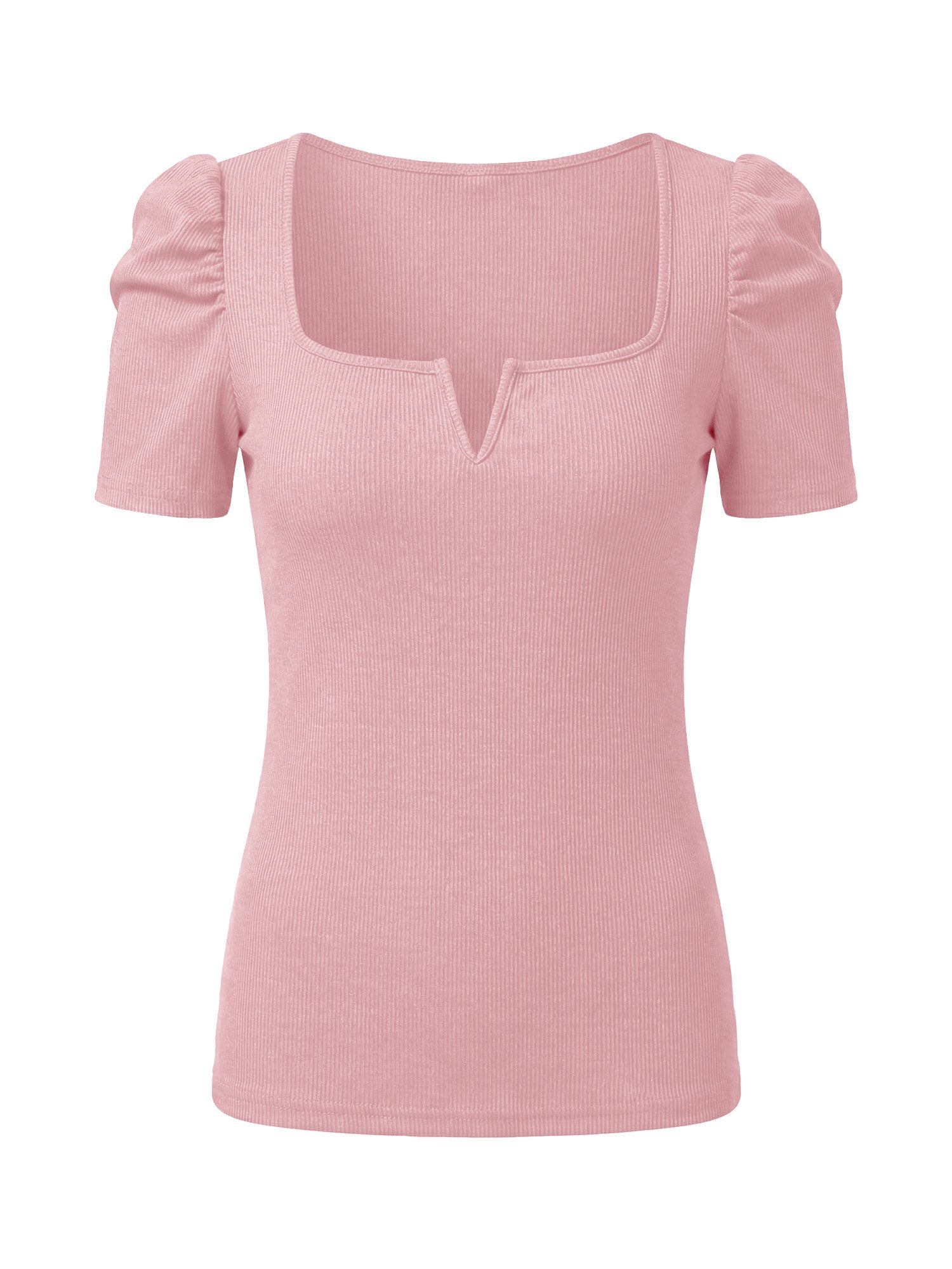 T-Shirt Damen Geripptes mit Puffärmeln Quadratischer Kragen und V-Notch