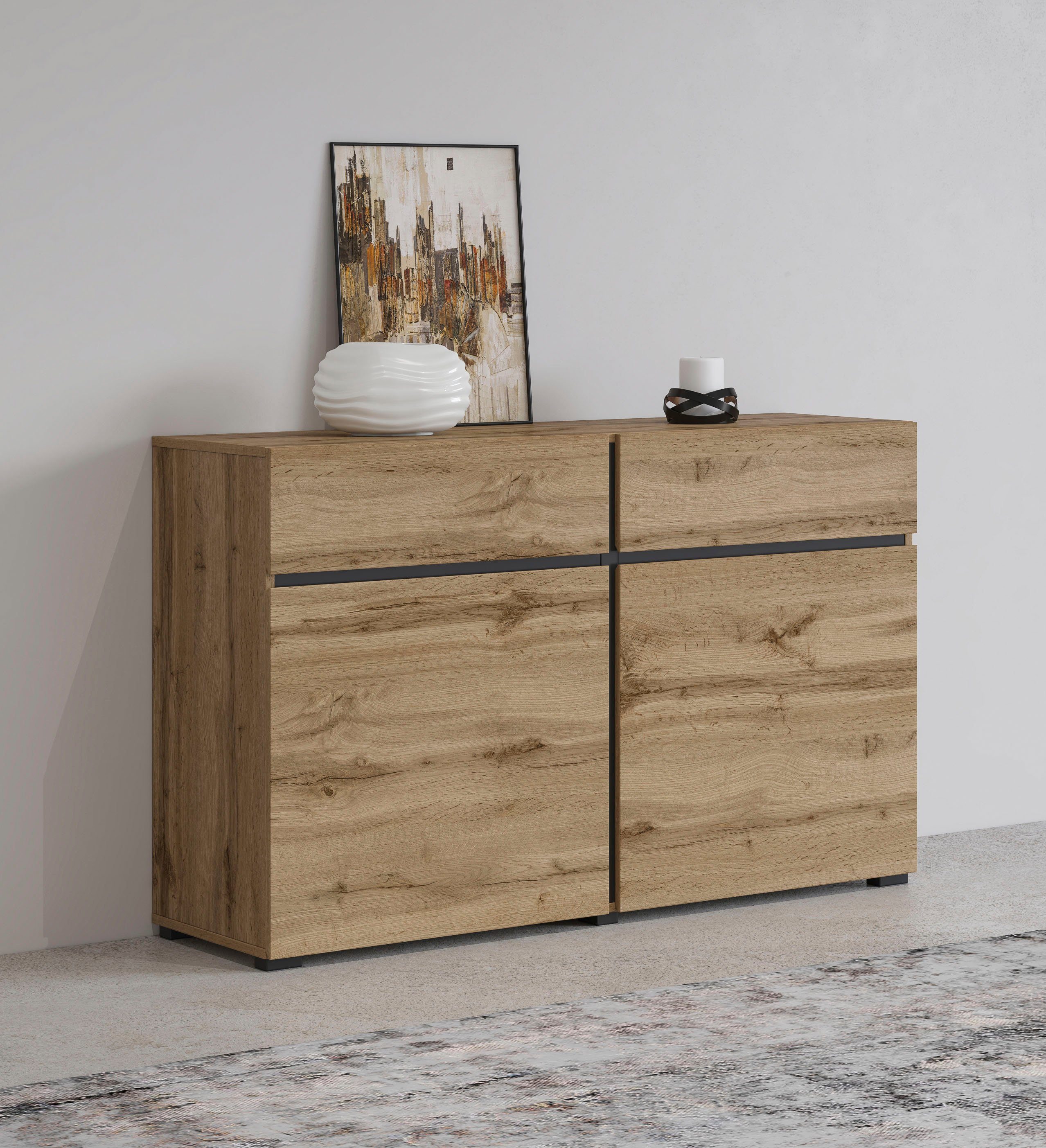 Sideboard Cross,Breite 119,5 cm, moderne grifflose Kommode,2 Türen/2 Schubkästen