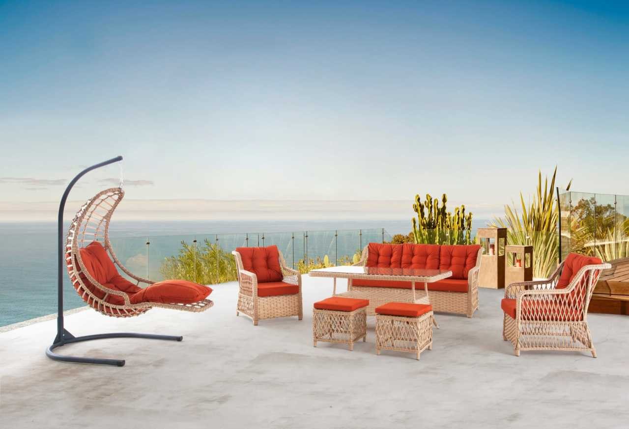 JVmoebel Gartenlounge-Set Gartenmöbel Set: 6-teiliges Sofa mit Tisch, Hockern und Sesseln, (6-tlg., Sofagarnitur(Sofa, Esstisch, 2x Hocker, 2x Sessel), Made in Europa