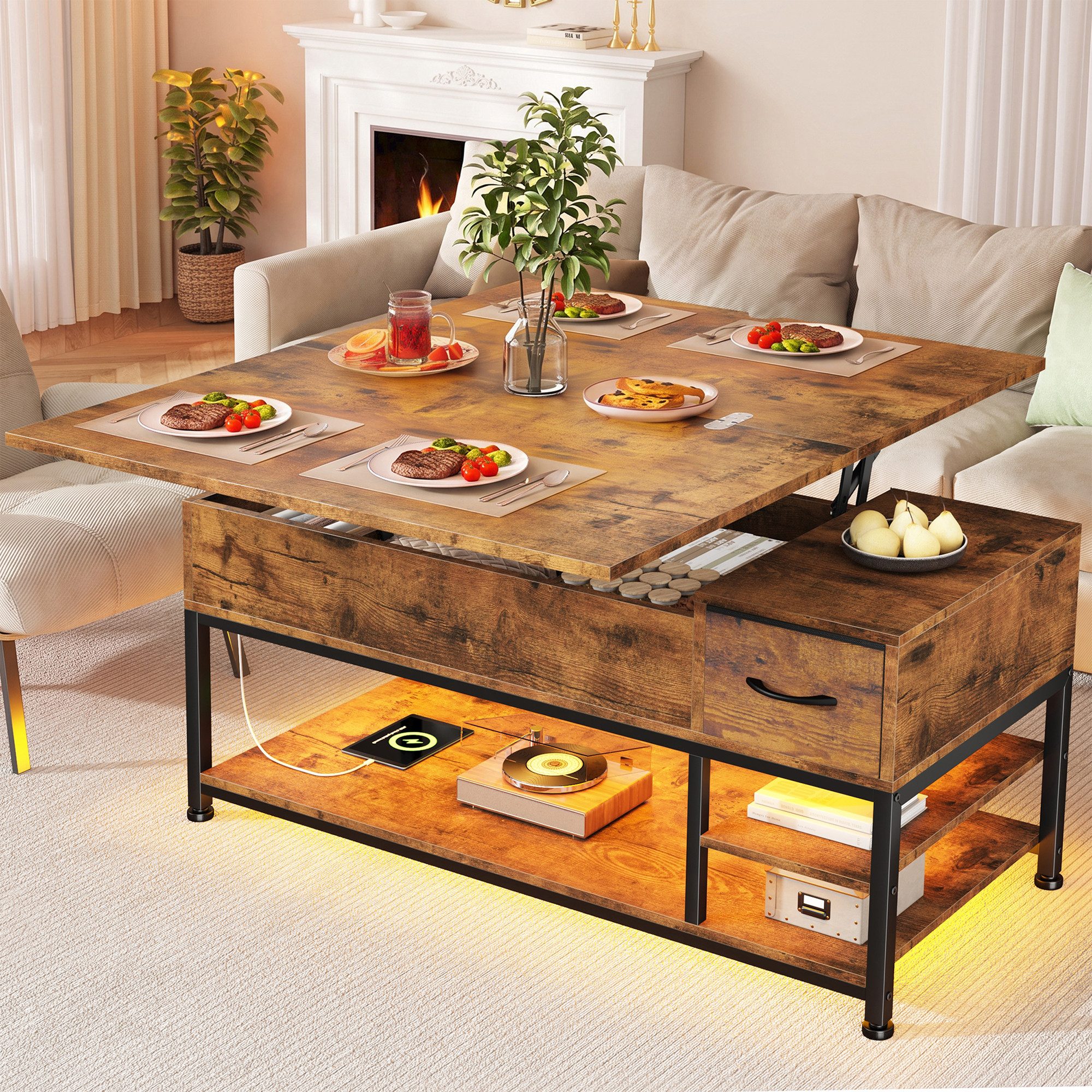 Klyvvo Couchtisch Höhenverstellbar mit LED und Stauraum, 4-in-1 Wohnzimmertisch (1-St), Steckdosen, USB, Coffee Table für Wohnzimmer, Büro, 1 Schubladen