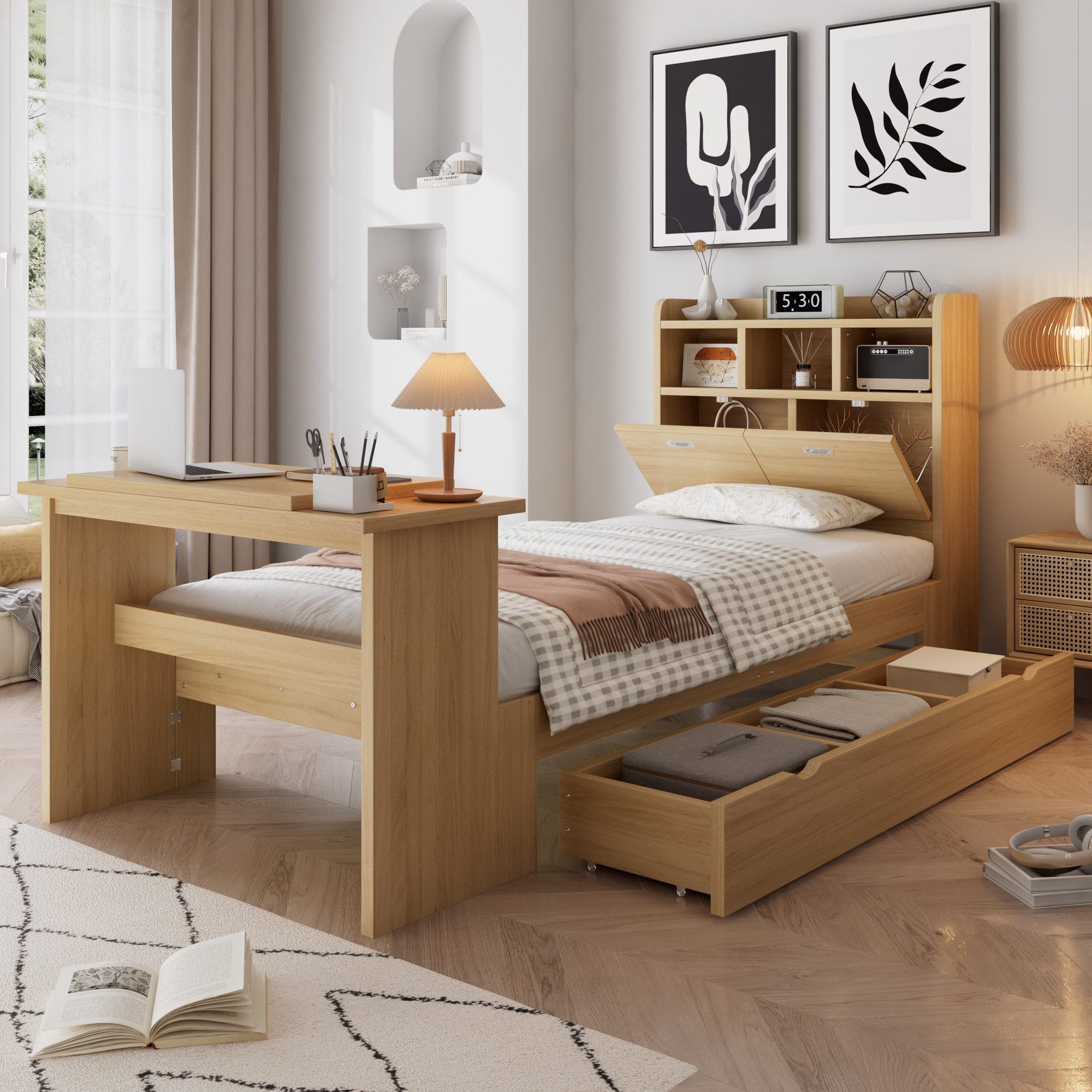 Flieks Holzbett, Kinderbett 90x200cm mit Stauraum, Schublade, verstellbarem Klapptisch